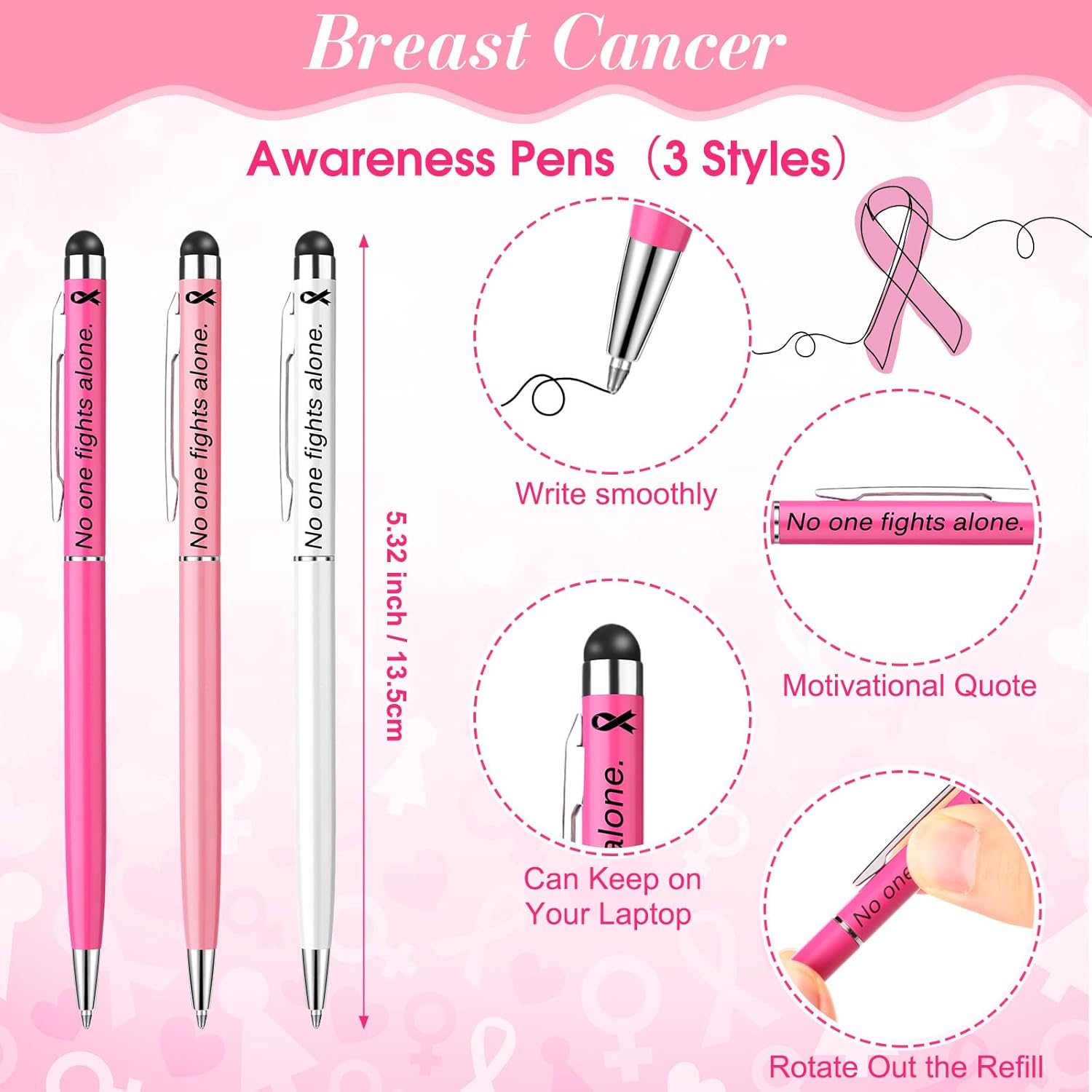 Liliaafar 60 Set Breast Cancer Awareness Items Cancer Care Gifts Bulk No One Fights Alone Ballpoint Pens & Pink Ribbon Lapel Pins Boxing Glove Brooches Charity Event Accessories for Women Girls