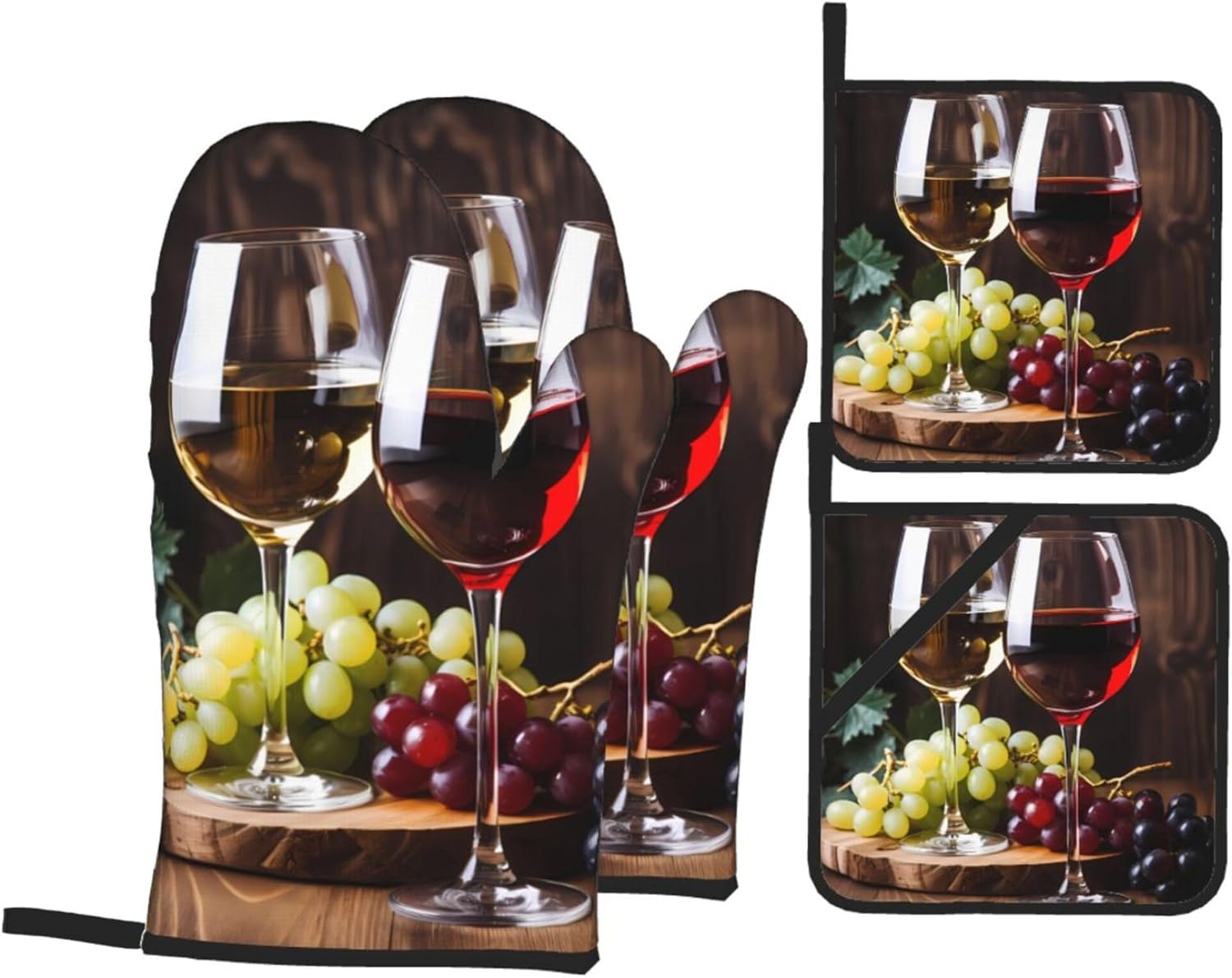 Red and White Wine Oven Mitts and Pot Holders Sets Grape Wooden Kitchen Oven Gloves Heat Resistant 500 Degrees Oven Mitt and Hot Pad for Cooking BBQ Baking Grilling