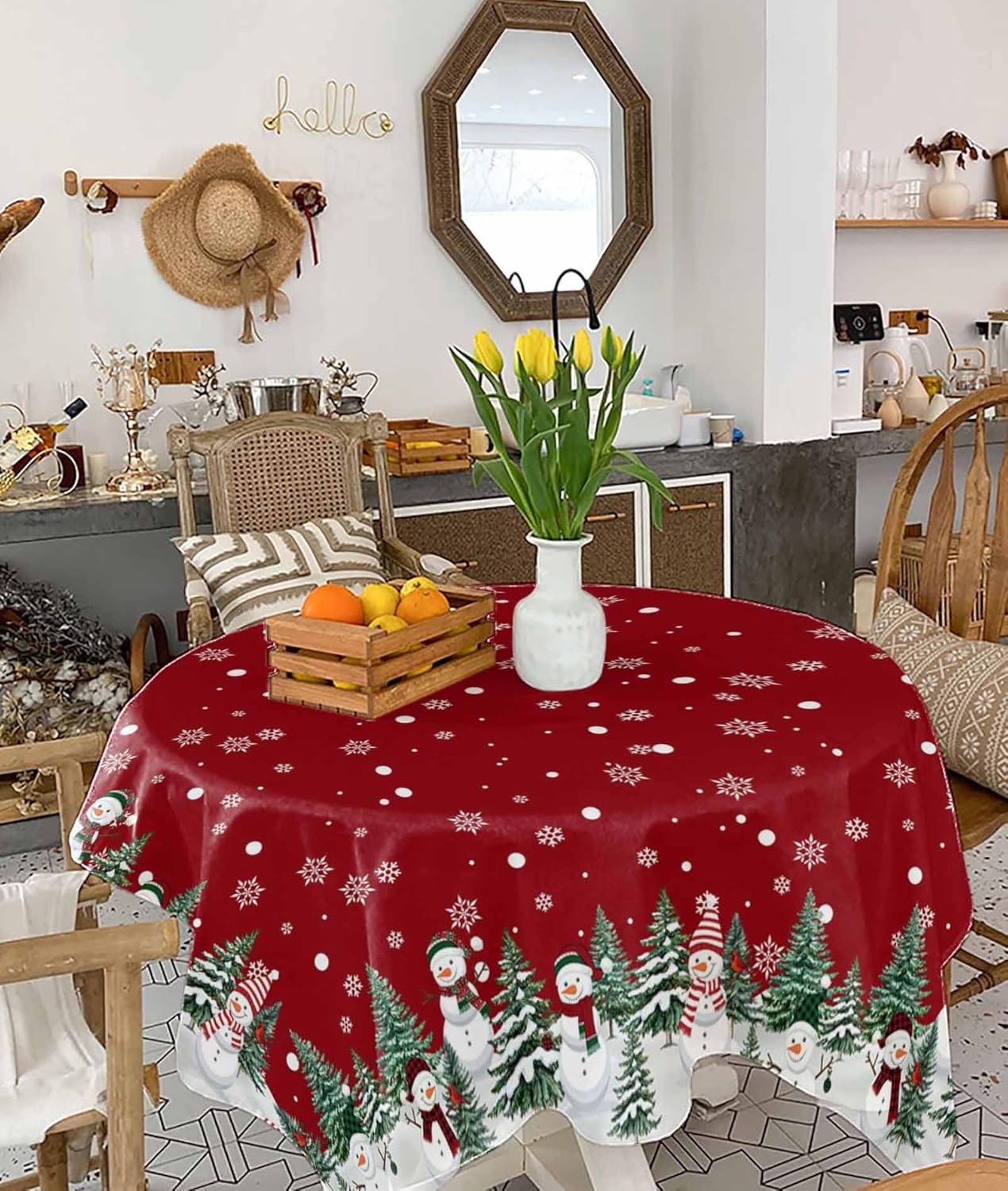 Christmas Snowman Table Cloth Waterproof, Xmas Tree Winter Snowflake Tablecloths Outdoor Picnic Table Cover, Red Decorations Table Cloth Washable Square Tablecloth for Dining/Coffee/Party 54"x54"