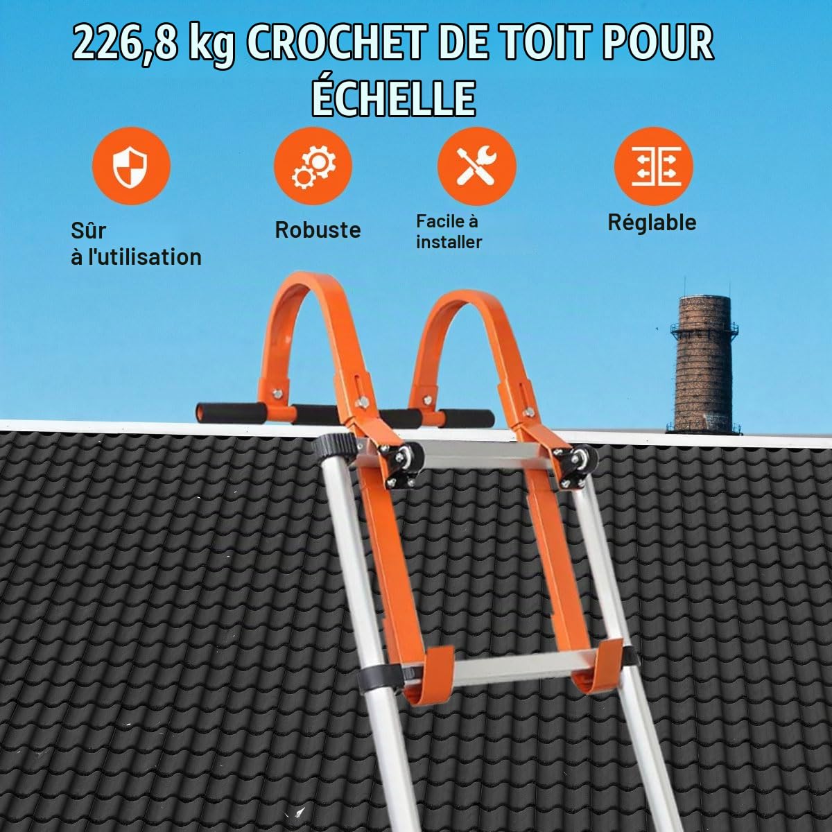 Lot de 2 crochets d'échelle de toit, accessoires d'échelle, rallonge universelle, stabilisateur d'échelle en acier pour toit, avec roues fixes et poignée en caoutchouc en T