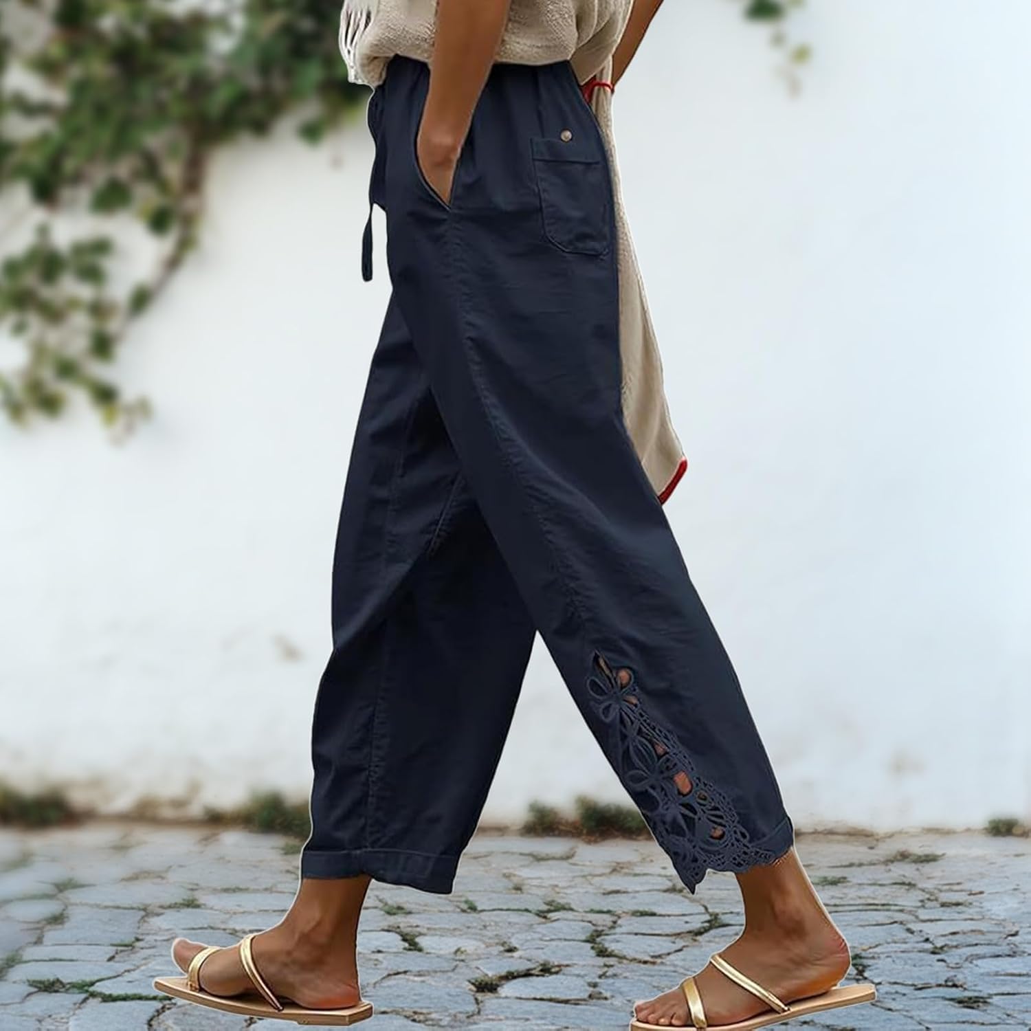 Wide Leg Capri Pants for Women Plain Slim Fit Relaxed Lace Drawstring High Waisted Lounge Pant with Pockets - Image 3