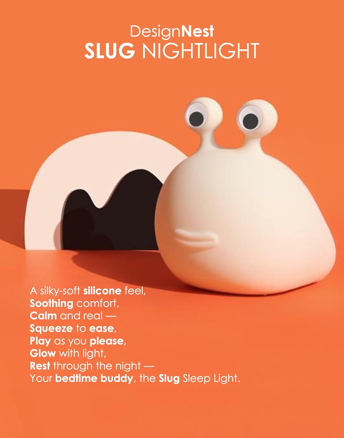 DesignNest Slug Night Light, LED Soft Silicone Touch Control Lamp, Dimmable, Auto Off Timer, Rechargeable, Sleep Aid, 80H+ Long, Squishy Night Light Toy, Kids, Toddler, Nursery, Bedroom, Gift