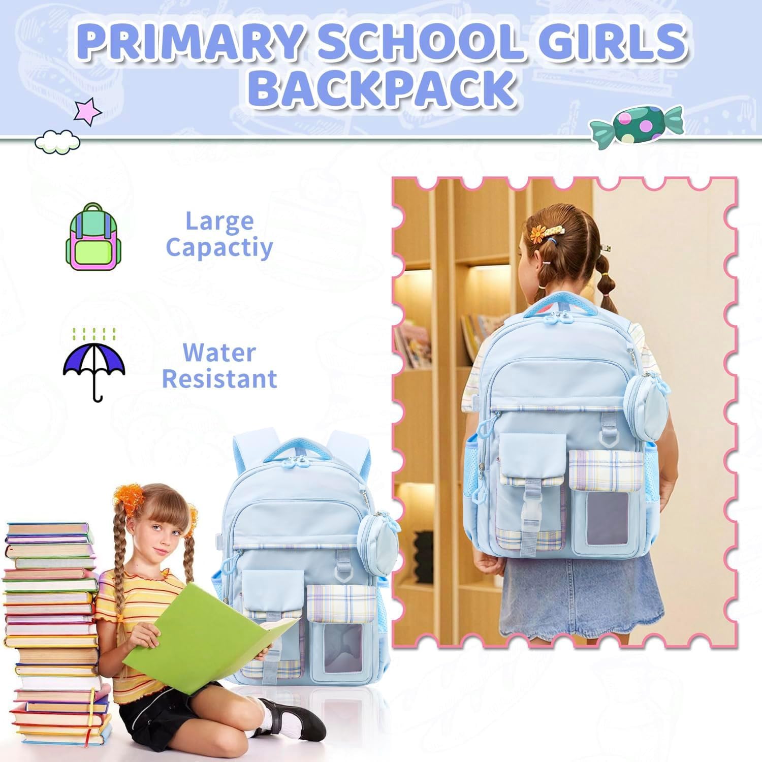 Cute Backpacks for Girls – Cute School Backpack for Kids Ages 4-12, Large Durable Backpack with Padded Shoulder Straps (Blue)