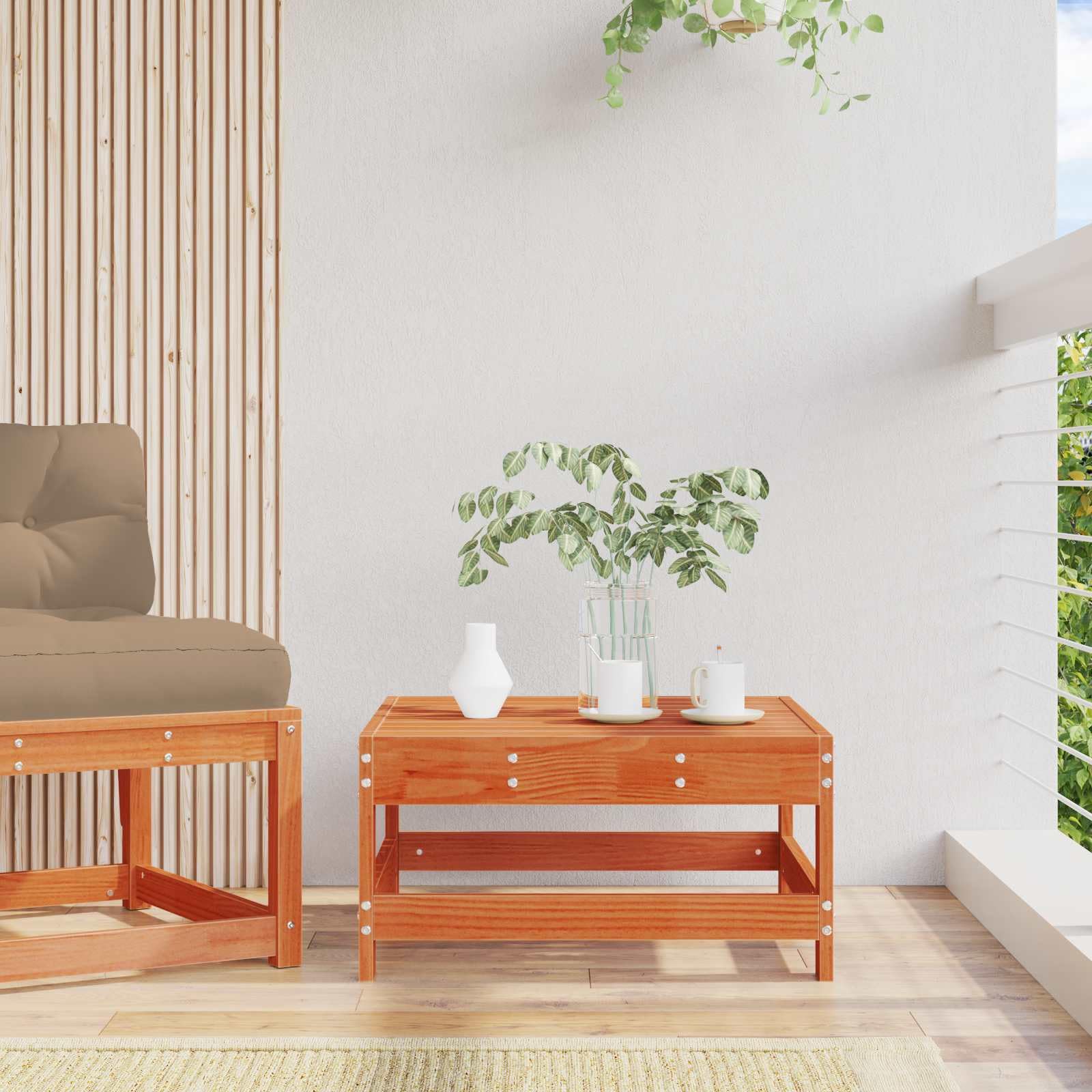 Reposapiés de jardín de madera de pino maciza, reposapiés para exteriores para jardín y terraza, elemento de sofá modular, taburete de madera cuadrado, marrón cera, 62 x 62 x 32 cm