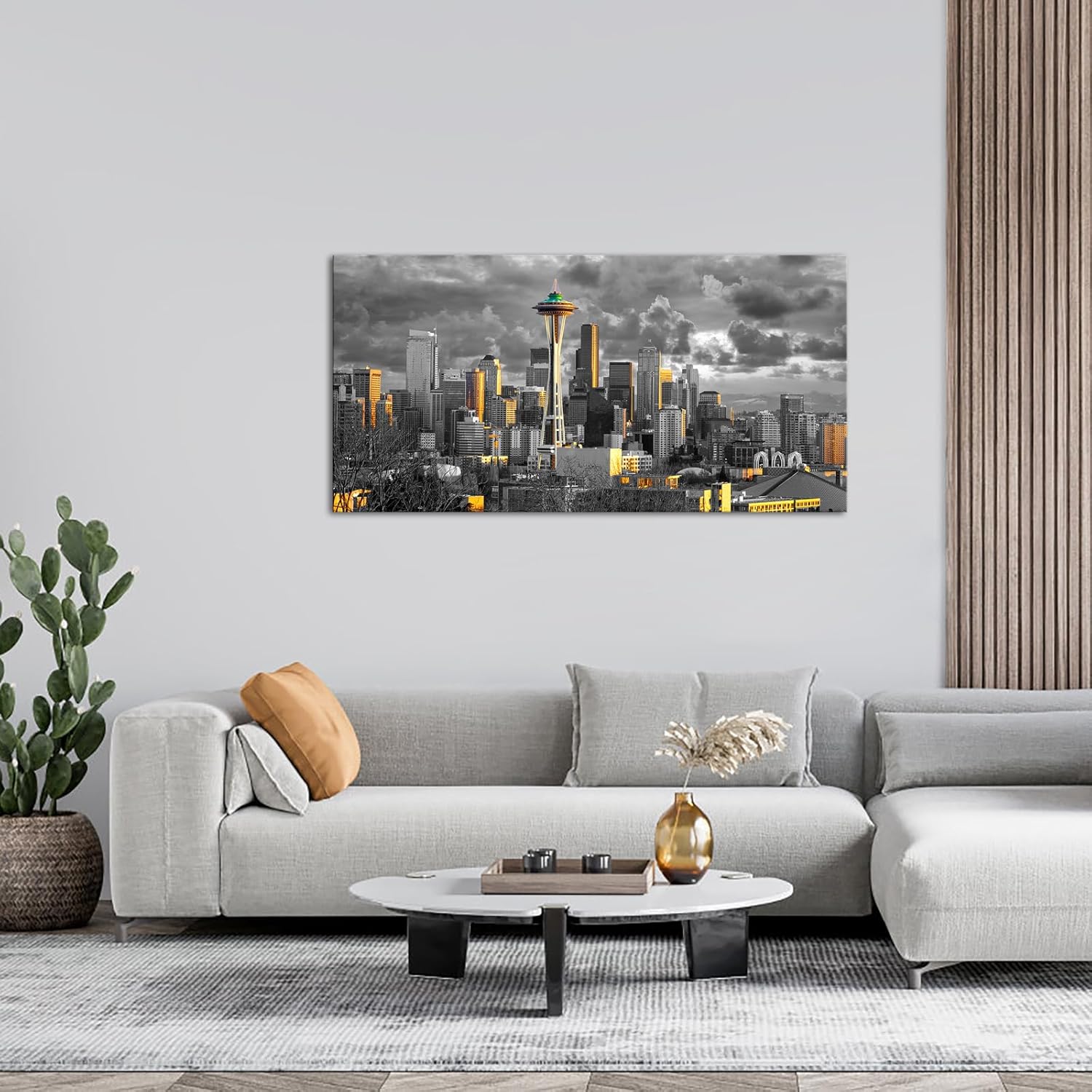 sechars Black and White City Canvas Wall Art Seattle at Gold Sunset Pictures for Living Room Modern Washington Skyline Cityscape Posters Stretched and Framed Ready to Hang 24x48 Inch