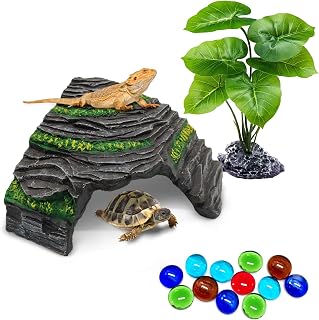 GOZILLA Small Reptile Hideout Cave,Turtle Tank Accessories Decor,Aquarium Cave Basking Platform for Baby Bearded Dragon,Snake and Leopard Gecko.(Grey-S-Kit)