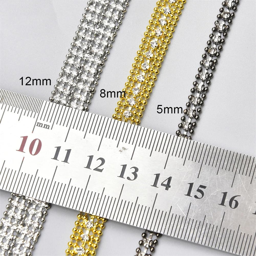 5/8/12Mm Width Rhinestone Trim Gold Silver Metal Bead Chain for Clothing Shoes Bags Decorative White K 12mm 5 Yards