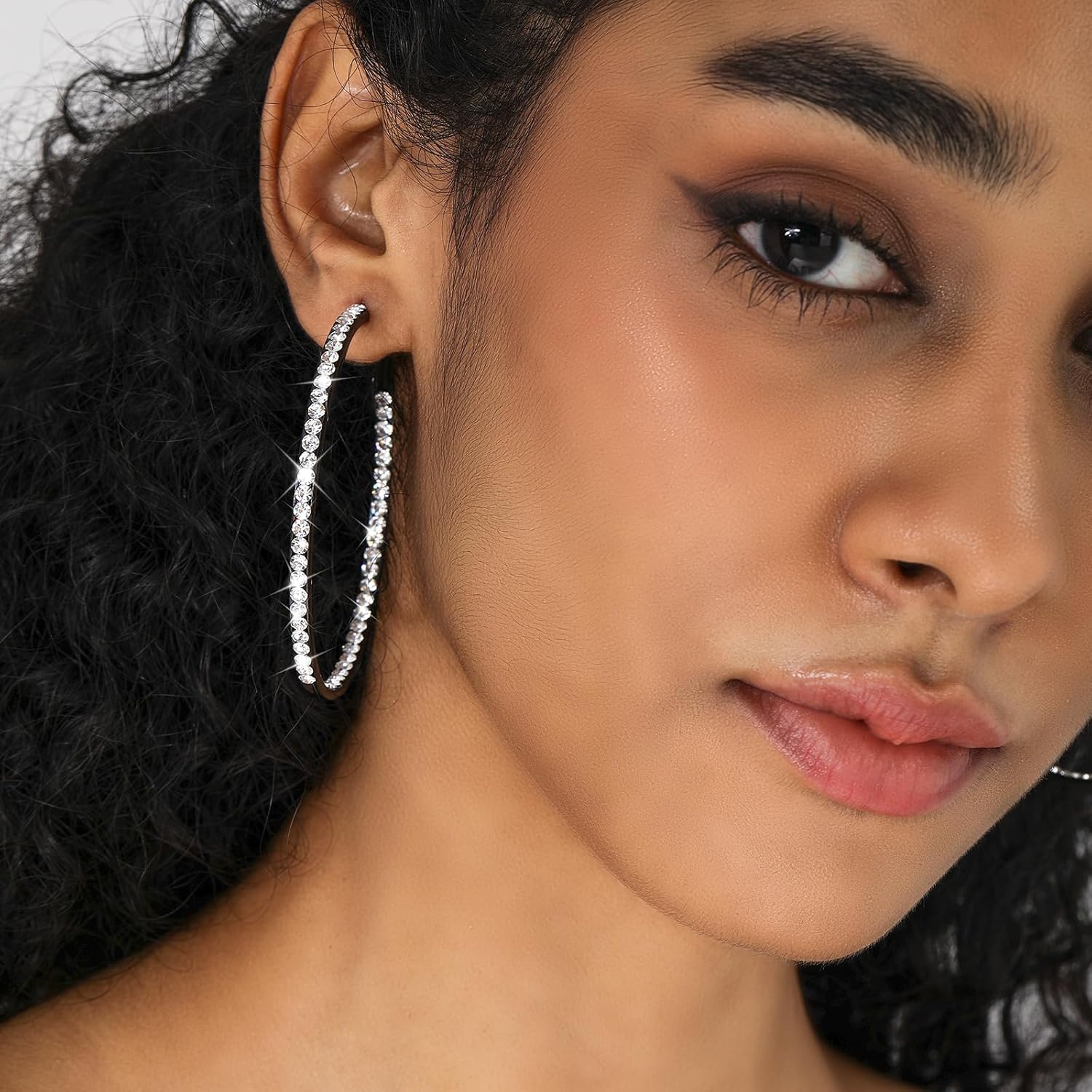 Large Hoop Earrings for Women Black Earrings Silver Crystal Hoop Earring 14K Gold Plated Rhinestone Earrings Big Cubic Zirconia Hoop Earrings Party Dance Fashion Hypoallergenic Jewelry Gift for Her 40/50/60 mm Sparkly Hoops With Crystals for Womens - Image 2