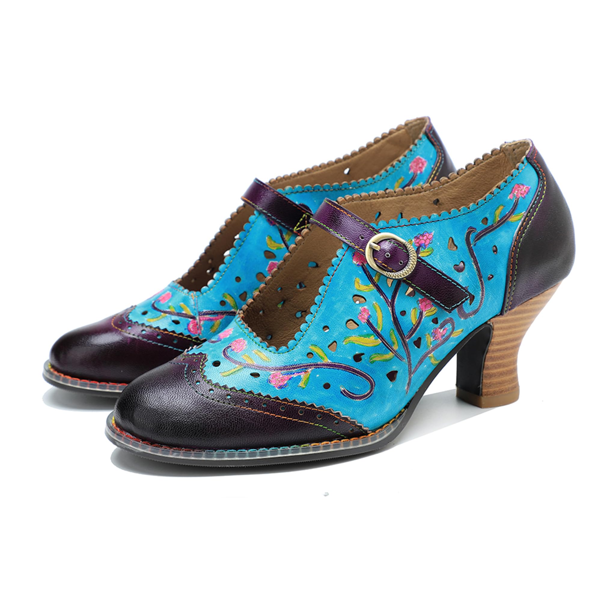 Riutiru Women's Handmade Lambskin Mary Jane Loafers Shoes, Retro Ethnic Print Style and Brock-Style Design