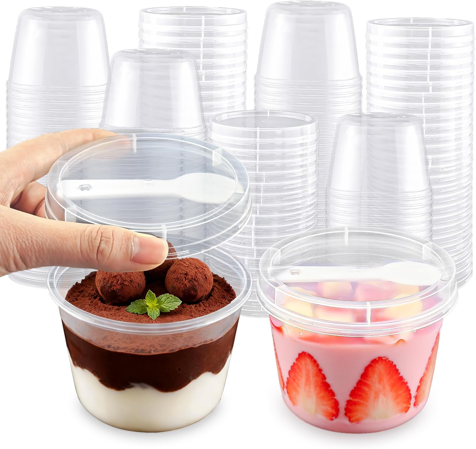 100 Pack 8oz Plastic Dessert Cups with Lids and Spoons, Clear Yogurt Parfait/Appetizer Cup with Lids for Party, Mini Round Dessert Cups with Spoons for Pudding/Jello/Milkshake/Fruit/Ice Cream