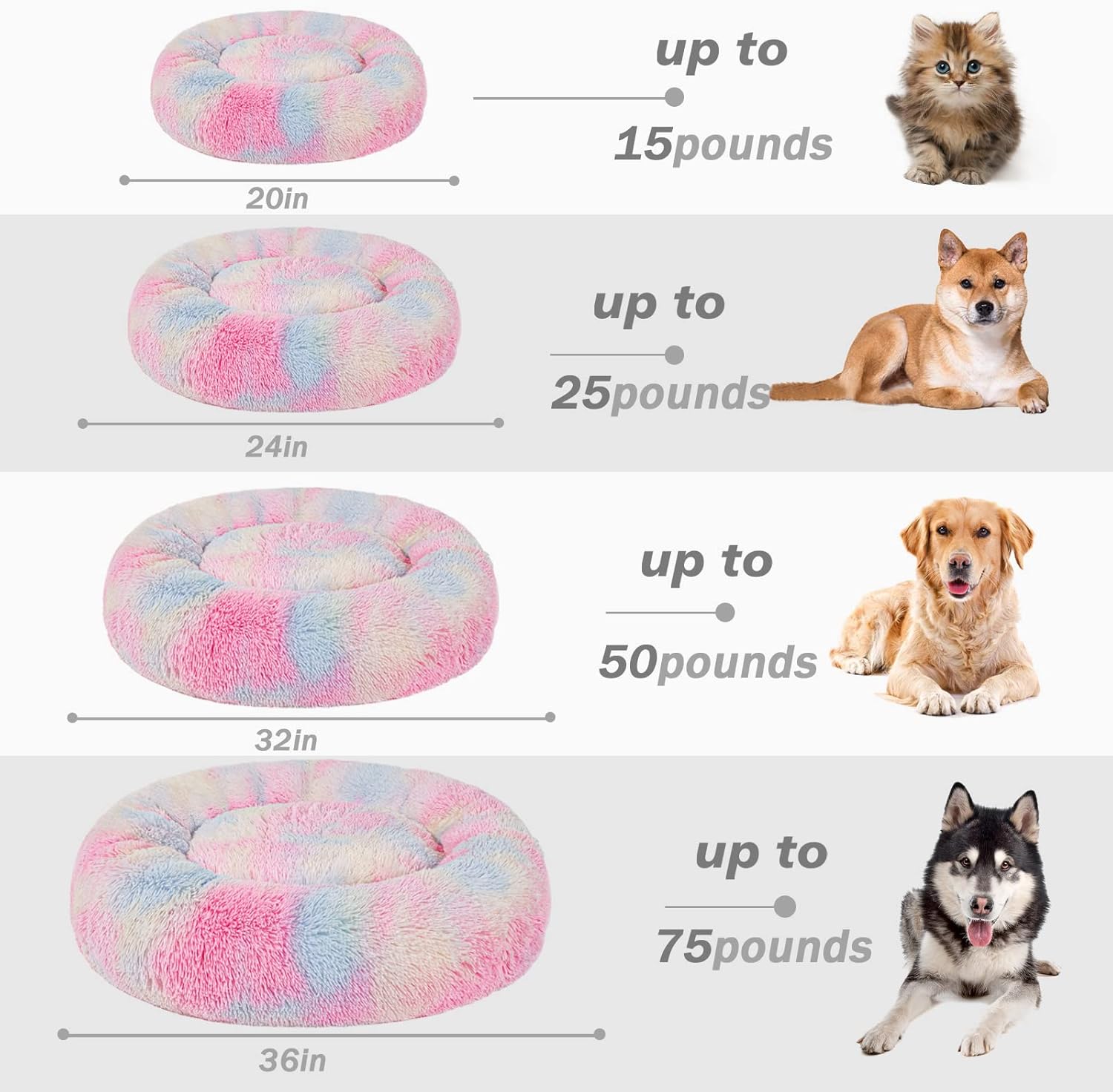 Patas Lague Calming Dog Bed for Medium Dogs, Fluffy Soft Cozy Cat Bed, Faux Fur Anti-Anxiety Plush Washable Pet Donut Cuddler for All Seasons 24IN, Mixed Rainbow