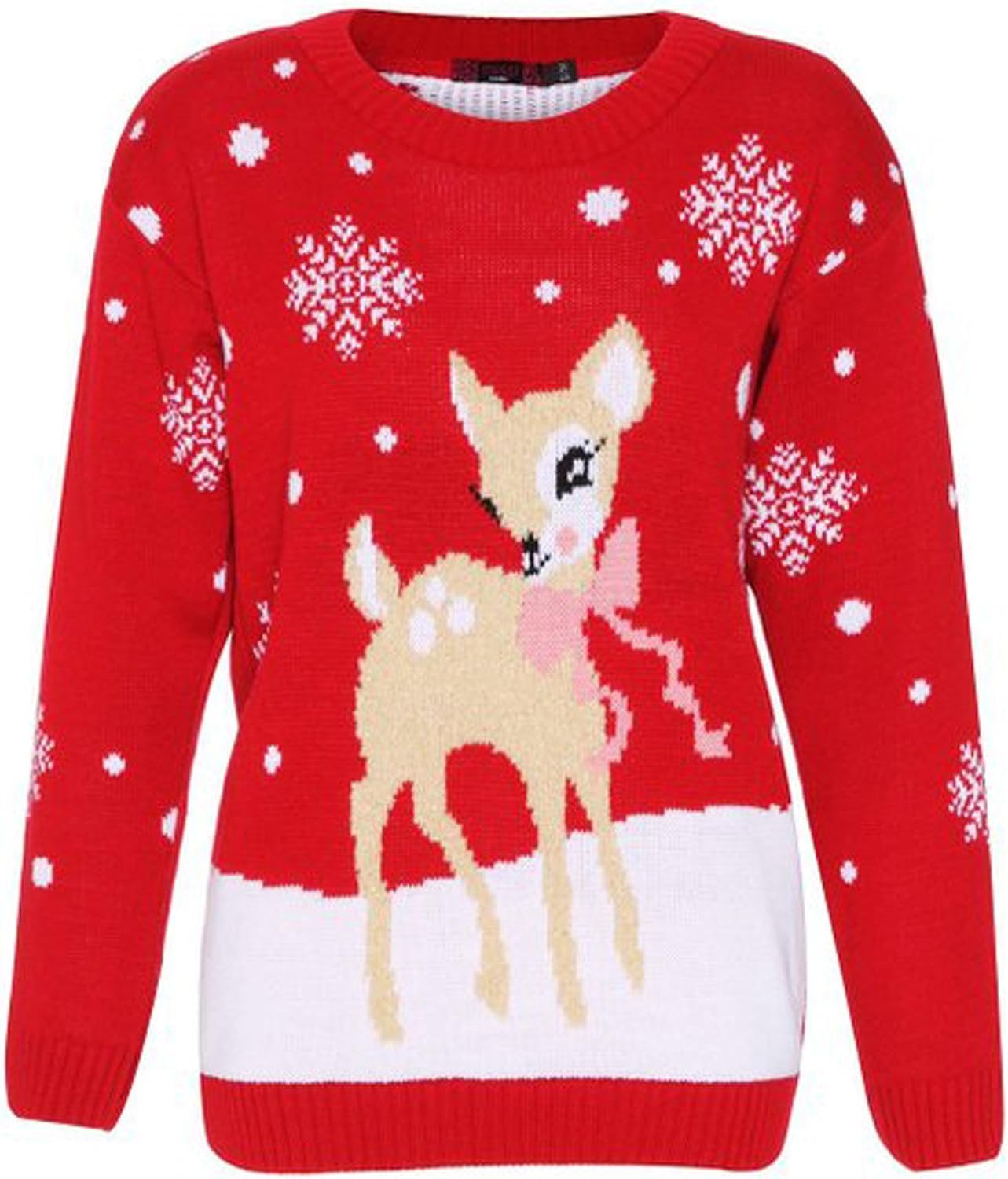 Wearall Women's Bambi Red Knitted Merry Christmas Long Sleeve Xmas Tree Pom Jumper 16-18