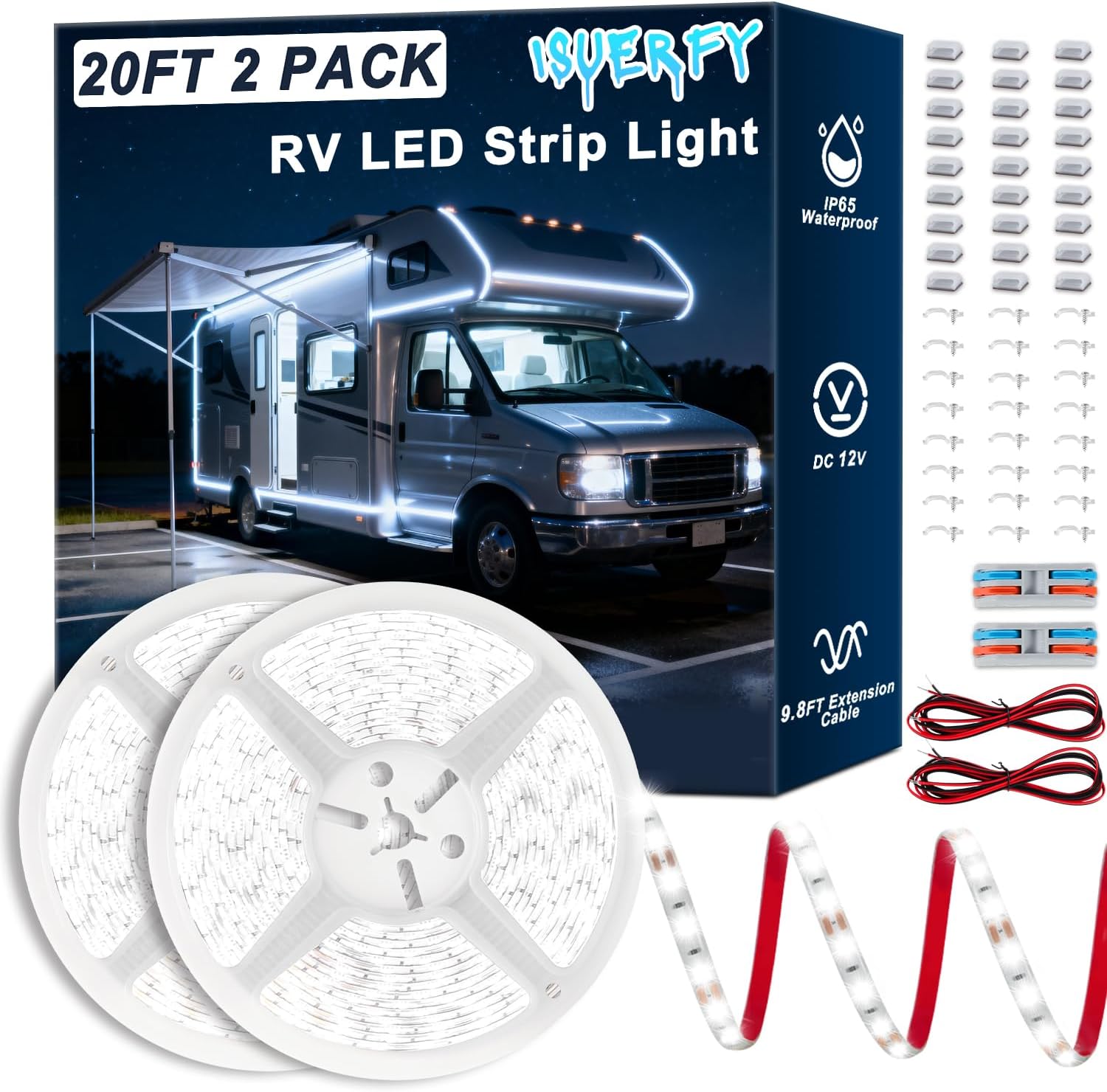 RV Awning LED Lights 2 Pack, 12V 20FT Camper Lights for Motorhome Travel Trailer Concession Stands Food Trucks, IP65 Waterproof RV Exterior Underglow Light, Daylight White