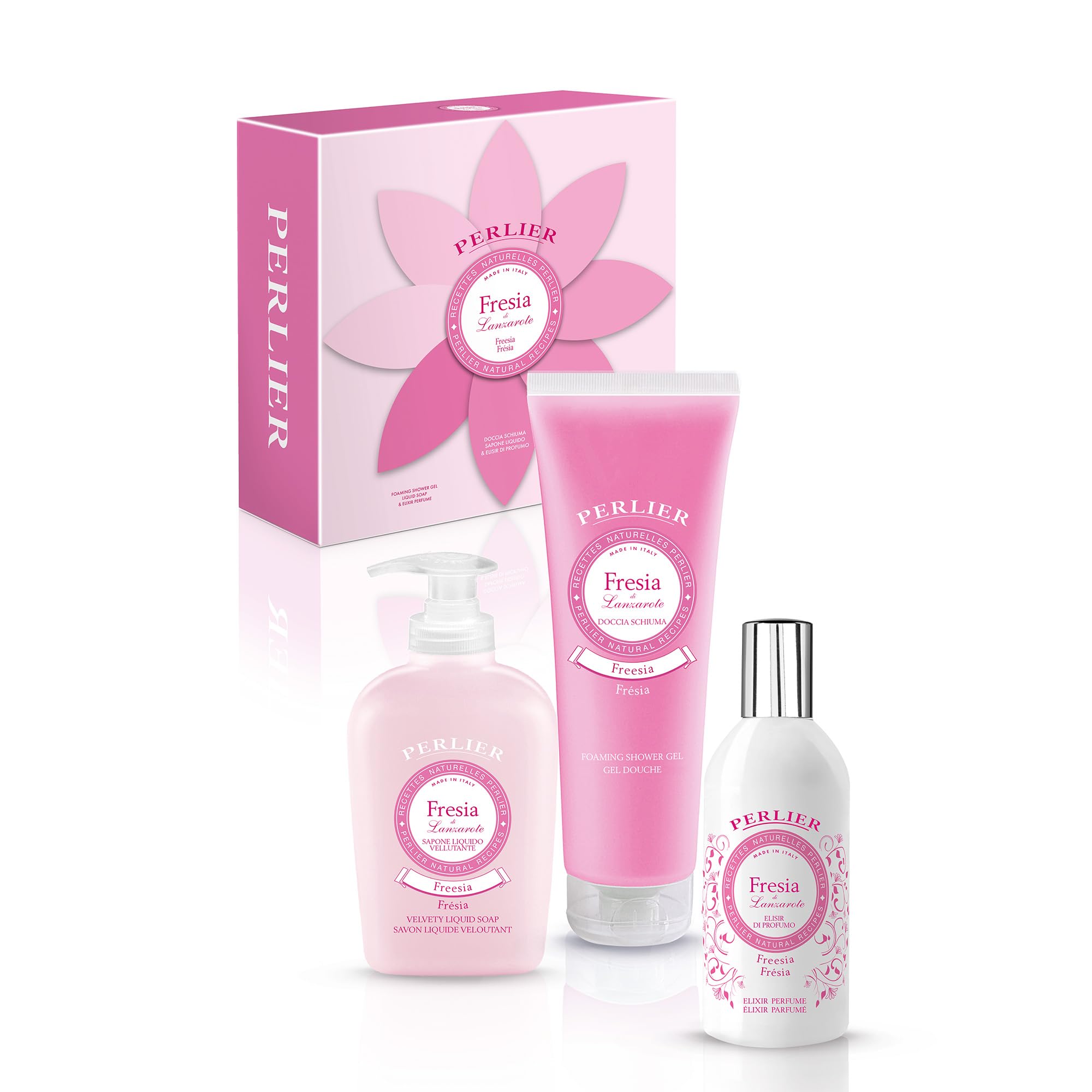 Perlier - Cofanetto Regalo Ricette Naturali Fresia Di Lanzarote, Doccia Schiuma 250 Ml + Sapone Liquido 300 Ml & Elisir Di Profumo 100 Ml, Note Fiorite, Detersione Delicata, Ideale Come Regalo - 4