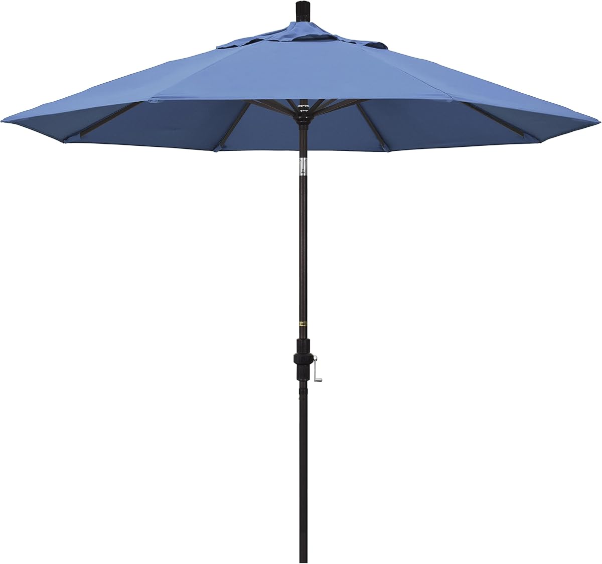 California Umbrella 9' Round Aluminum Patio Umbrella, Crank Lift, Collar Tilt, Bronze Pole, Frost Blue Olefin