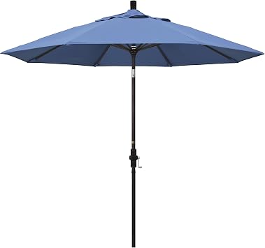 California Umbrella 9 Round Aluminum Patio Umbrella, Crank Lift, Collar Tilt, Bronze Pole, Frost Blue Olefin