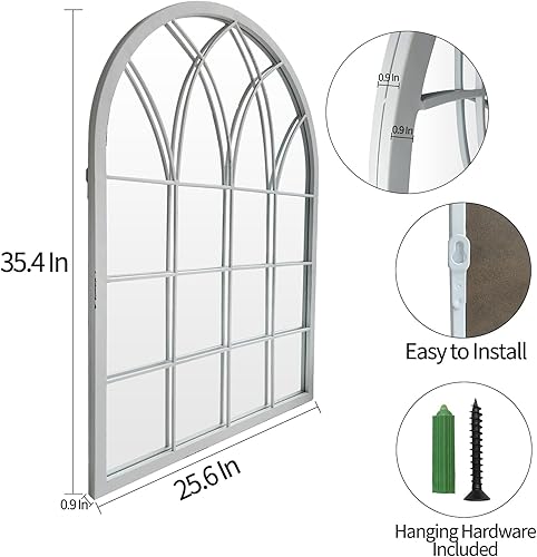 Miniatura 4 de Espejo de pared para ventana arqueada, estilo catedral, blanco envejecido, espejo de ventana de rejilla de 35 pulgadas para sala de estar, chimenea