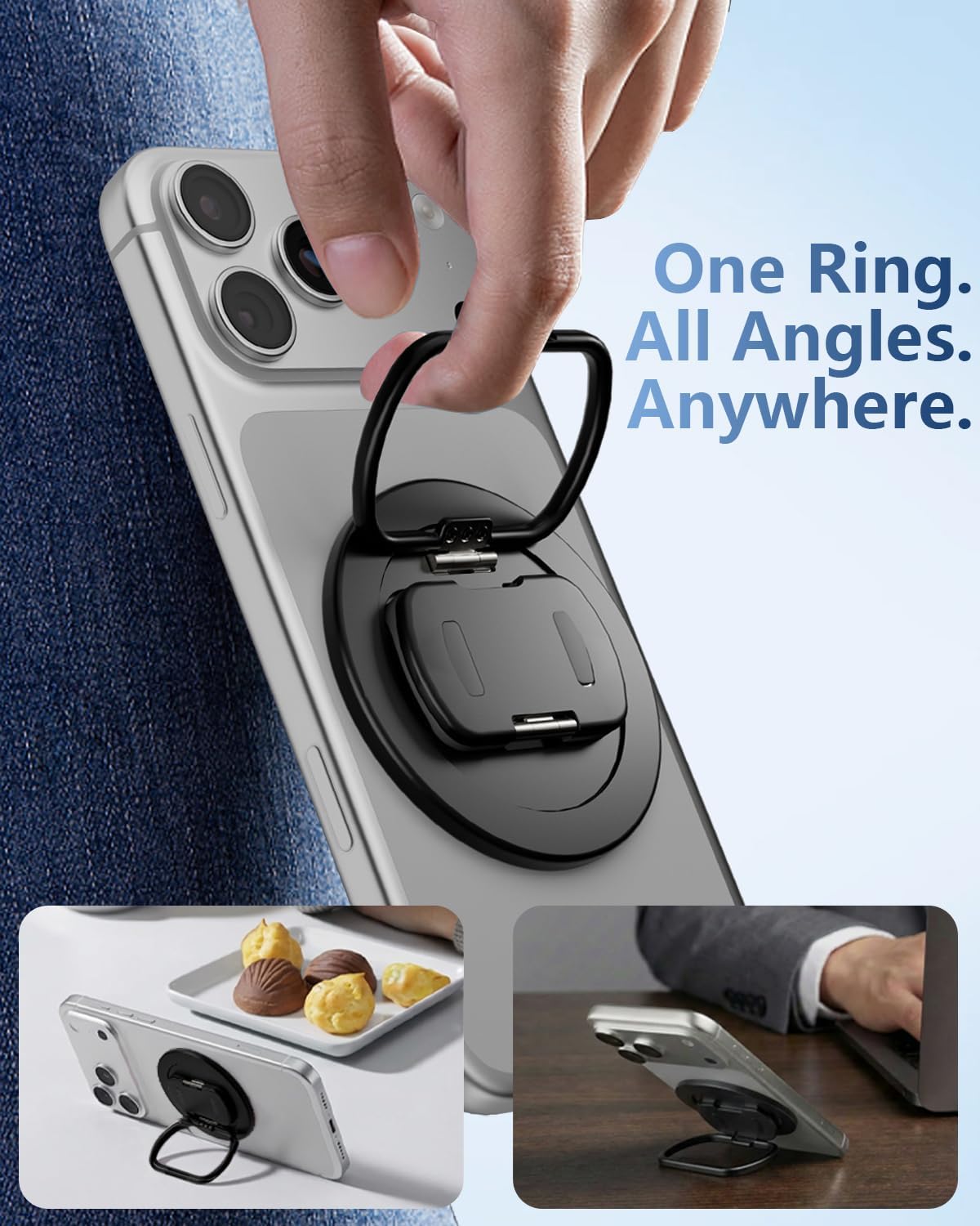 SEMBO Magnetic Phone Ring Holder with Kickstand for MagSafe, Two-Sided Magnet, 360° Rotation Comfortable Flip Out Silicone Plate Finger Grip Gym Accessories for iPhone 17 Pro Max 16 15 14 13 12(Black) image 5