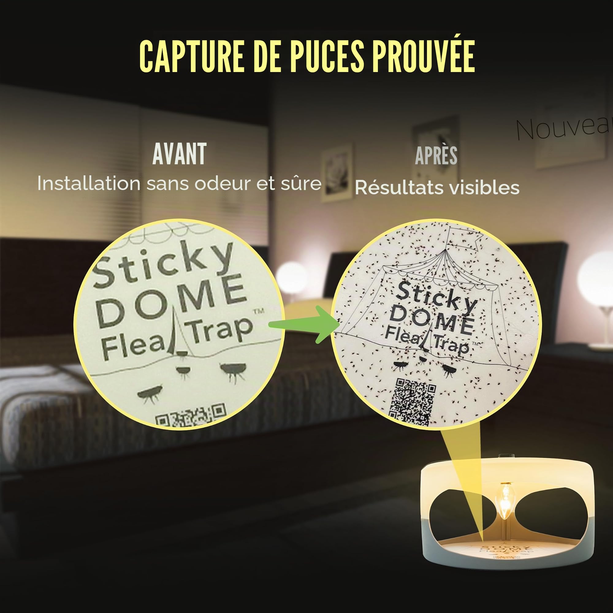 ASPECTEK Piège à Puces Lumineux Sticky Dome™ – Pack de 2 avec 4 Ampoules et 4 Disques Adhésifs, Solution Intérieure sans Insecticide pour Maison et Animaux