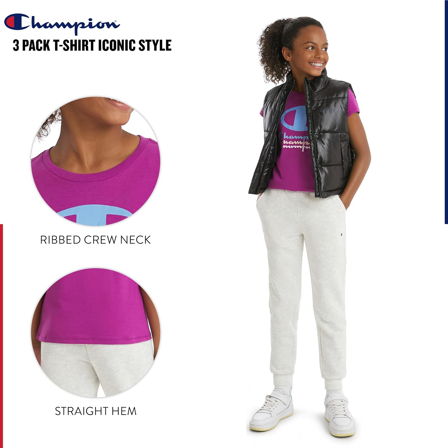 Champion Girls' Regular Fit 3 Pack Short Sleeve T-Shirt