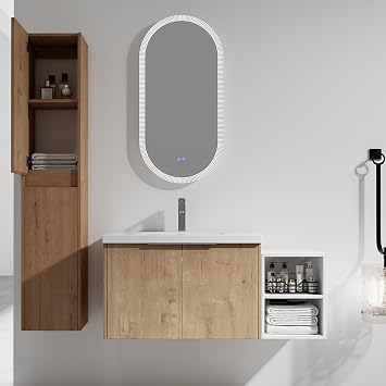 Floating Vanity Bathroom with 2 Side Cabinets Combo, Wall Mounted 42 Inch Bathroom Vanity with Sink, Floating Bathroom Vanity with Sink, Open Shelves, Integrated Sink, Soft Dlosed DoorsOak