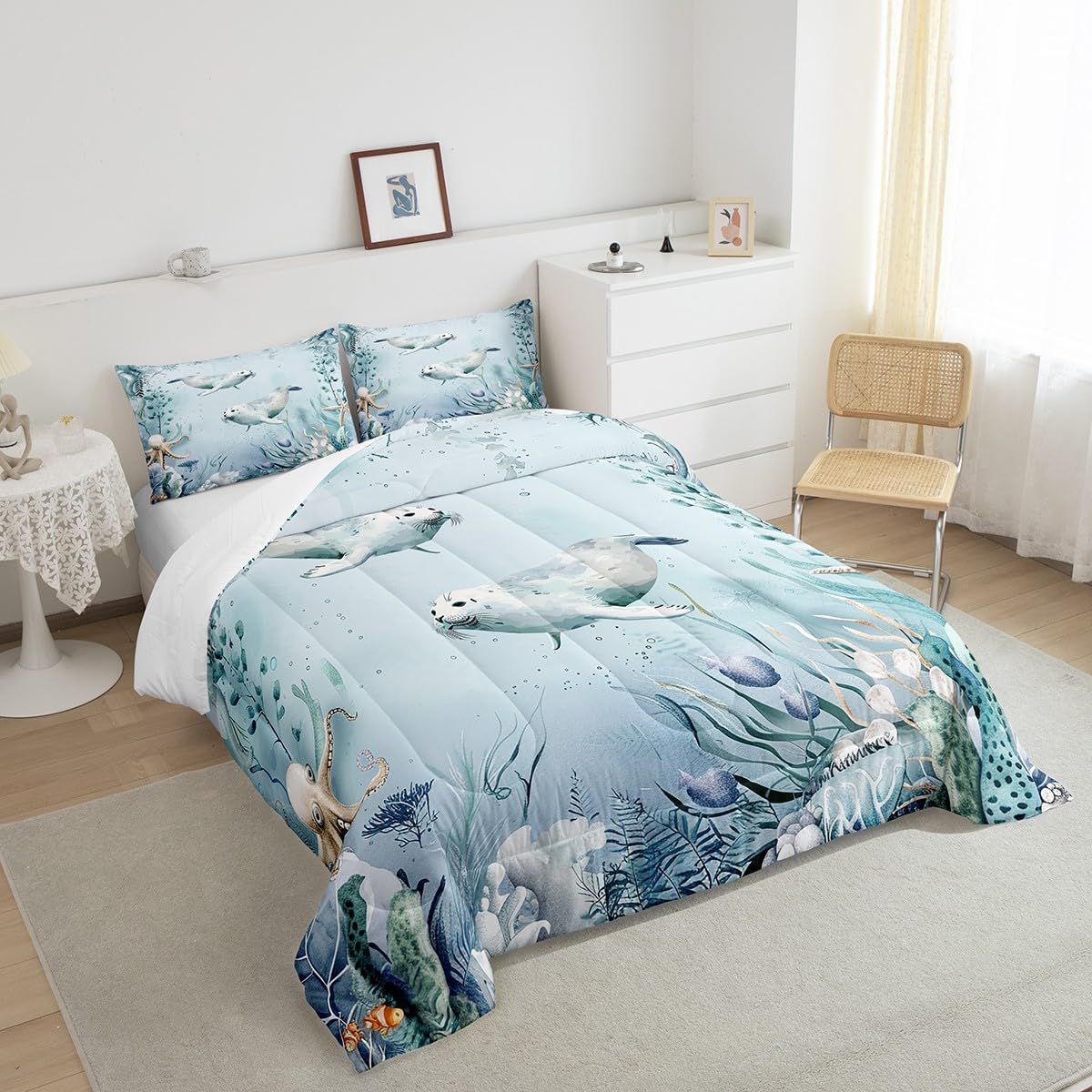 Ursine Seal 掛け布団セット ティール ブルー オーシャン ビーチ 沿岸 ツイン 寝具 掛け布団セット 女の子用 ヒトデ
