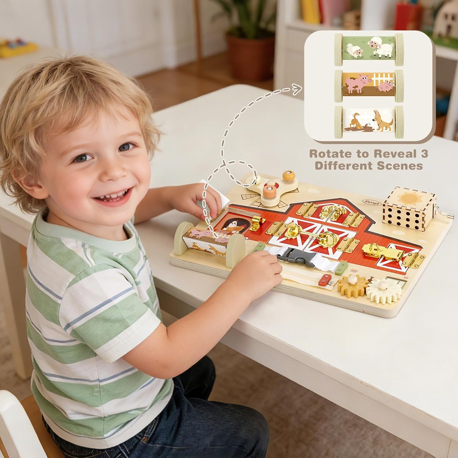 Joyreal Wooden Montessori Busy Board for 1 2 3 Year Old Toddlers, Farm Themed Sensory Toys for Kids, Fine Motor Skills Activity Board with Music Box & Latches, Learning Toys Gift for Autistic Children