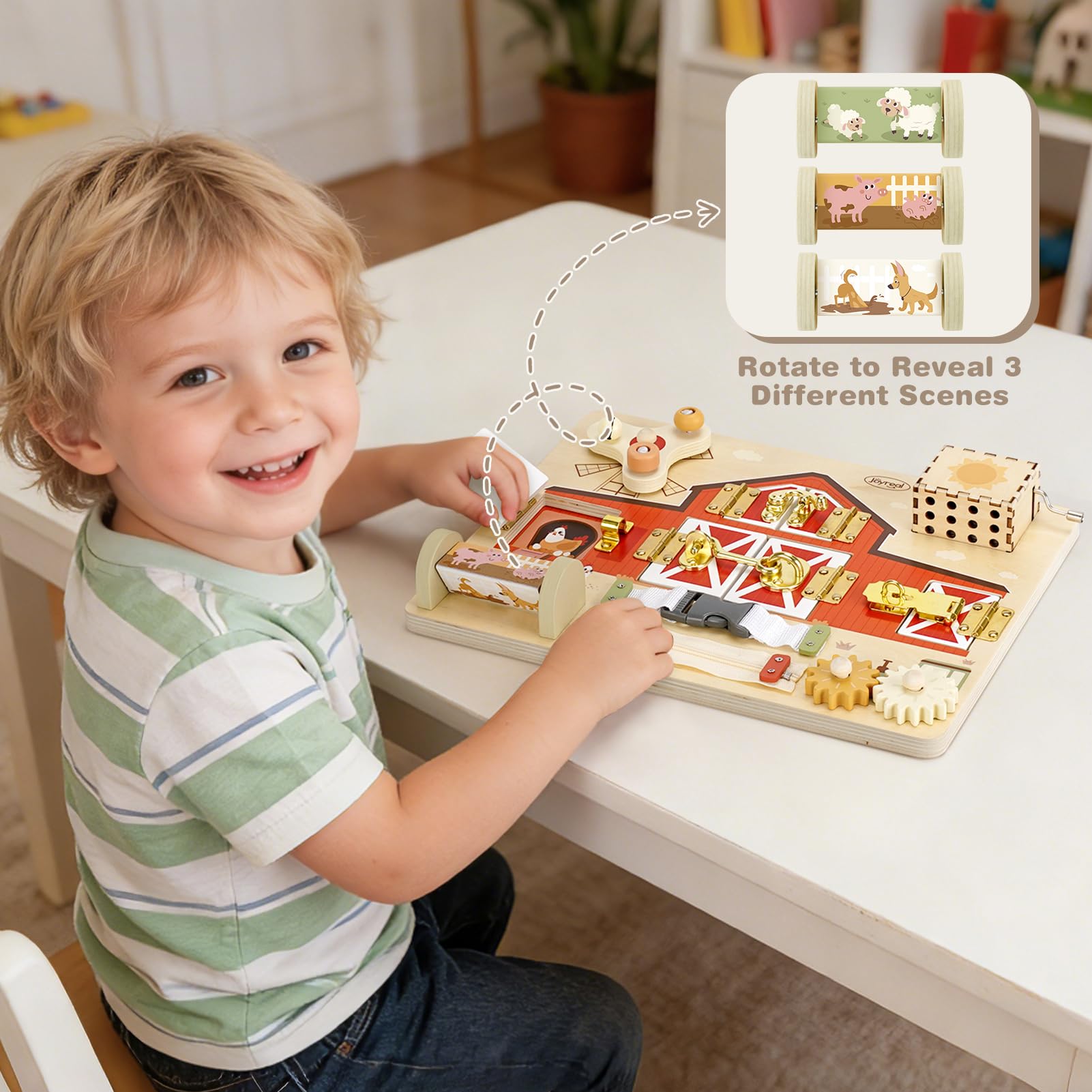Joyreal Wooden Montessori Busy Board for 1 2 3 Year Old Toddlers, Farm Themed Sensory Toys for Kids, Fine Motor Skills Activity Board with Music Box & Latches, Learning Toys Gift for Autistic Children - 4