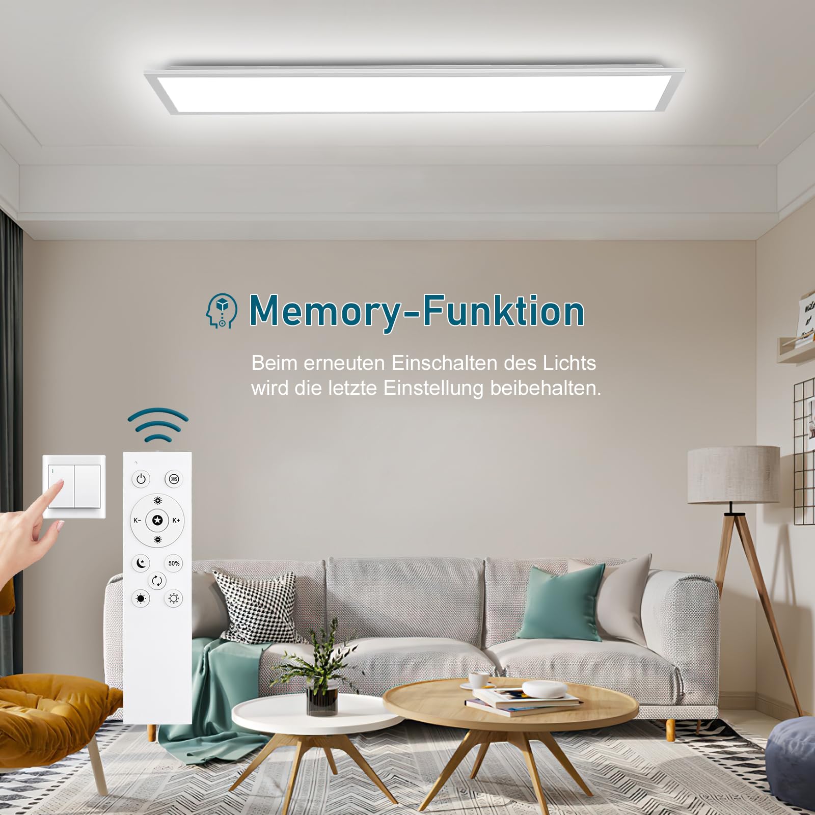 Oraymin Plafoniera a pannello LED Dimmerabile 120x30 cm con telecomando,36W 3960LM Pannello LED soffitto,Funzione di memoria,plafoniera rettangolare LED da 3000K-6500K cucina ufficio garage soggiorno
