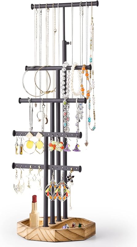 SRIWATANA 5 Tier Necklace Holder, Jewelry Stand Organzier, Carbonized Black | Large Capacity Storage, Stable Wood Base, Holds Bracelets Earrings Rings, Elegant Tabletop Display, Great Gift for Lovers