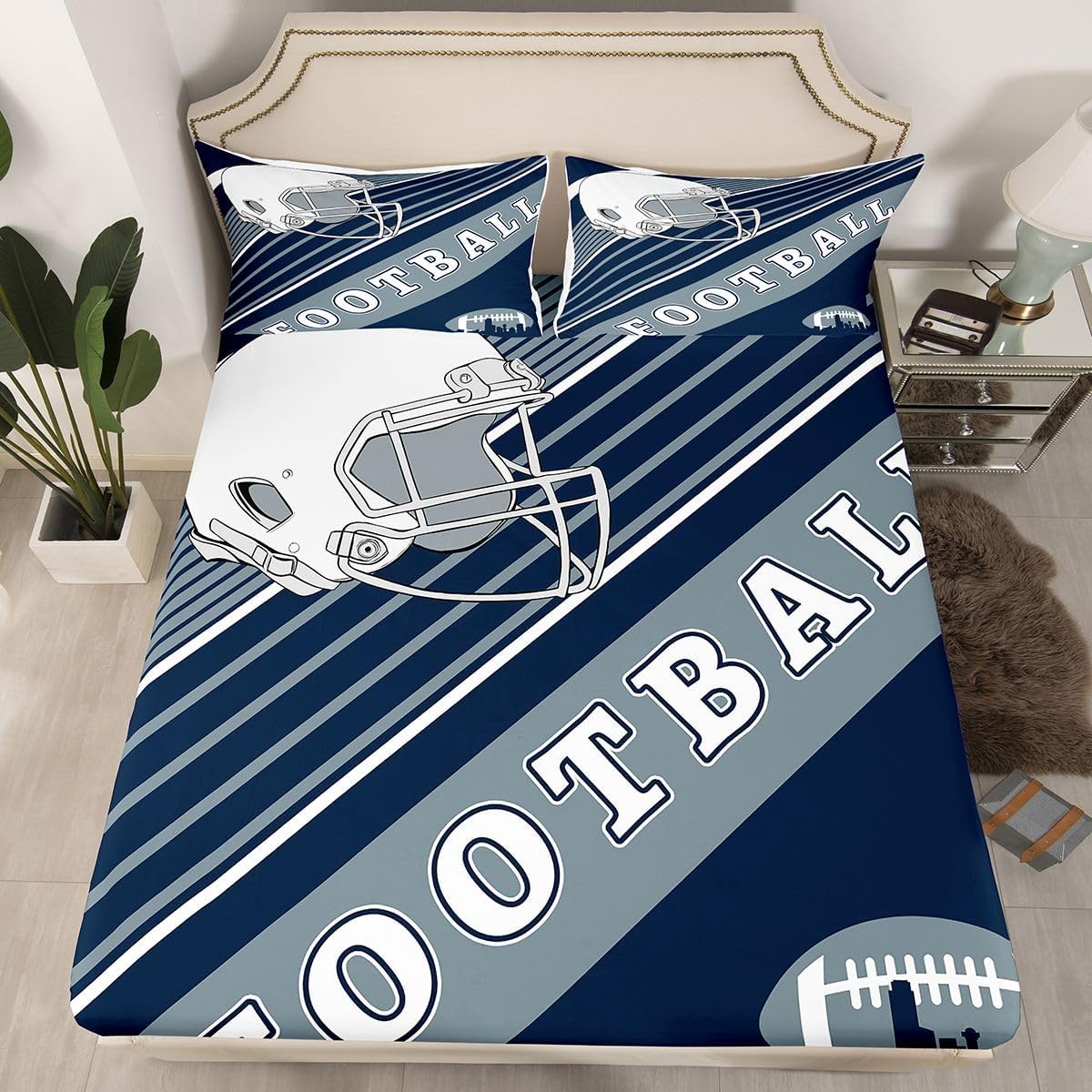 Erosebridal 4Pcs Gridiron Bed Sheets Set, Sheets Queen Size, Sports Bedding Set, White Navy Blue Striped Sheet Set Bedroom Decor for Men Husband Boyfriend Teenage Boys