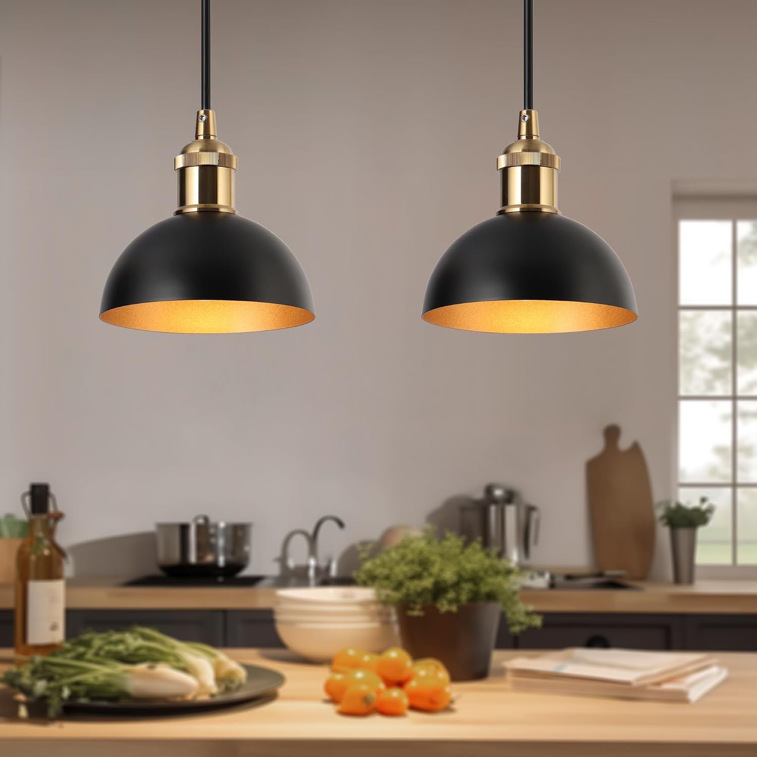 KSANA Black and Gold Pendant Light, Mid-Century Modern Ceiling Hanging Light Fixture, Adjustable Kitchen Island Pendant Light Fixtures for Dining Room, Hallway, Foyer, Bedroom