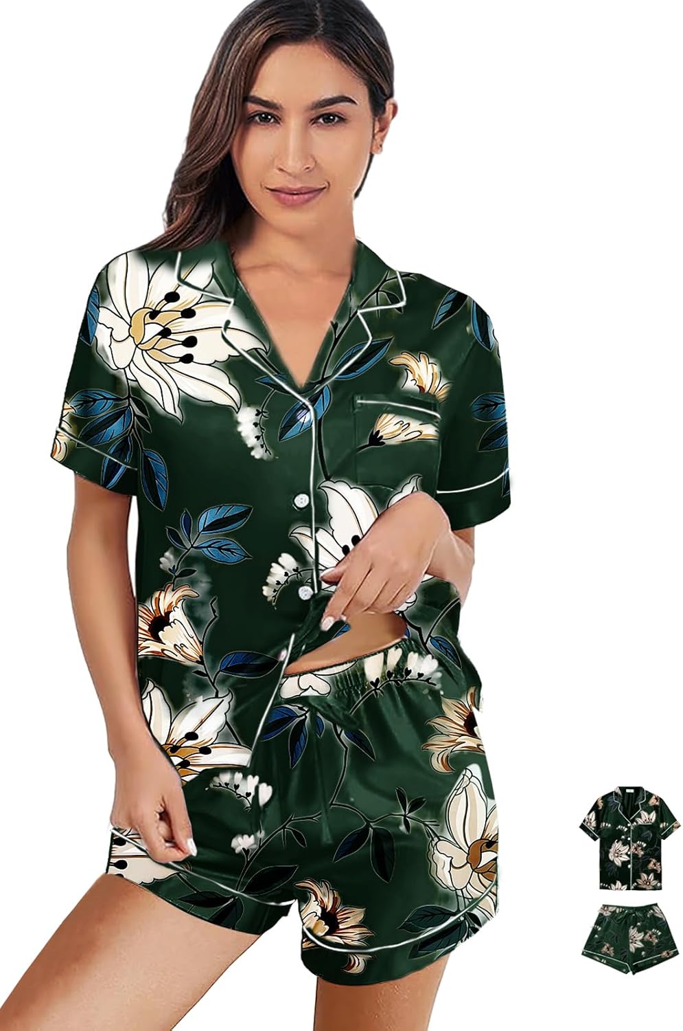 Womens 3Pcs Satin Pajamas Set Floral Silk Pajama Sets Stripe Lounge Set Silky Sleepwear XS-2XL Pjs Long Scarves - Image 6