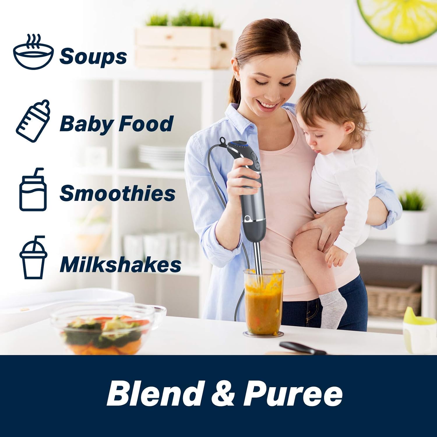 Mueller Hand Blender, Smart Stick 800W, 12 Speed and Turbo Mode, 3-in-1, Heaviest Duty Copper Motor Immersion Blender, Titanium Steel Blades, Comfygrip Handle, Whisk, Beaker/Measuring Cup: Home & Kitchen