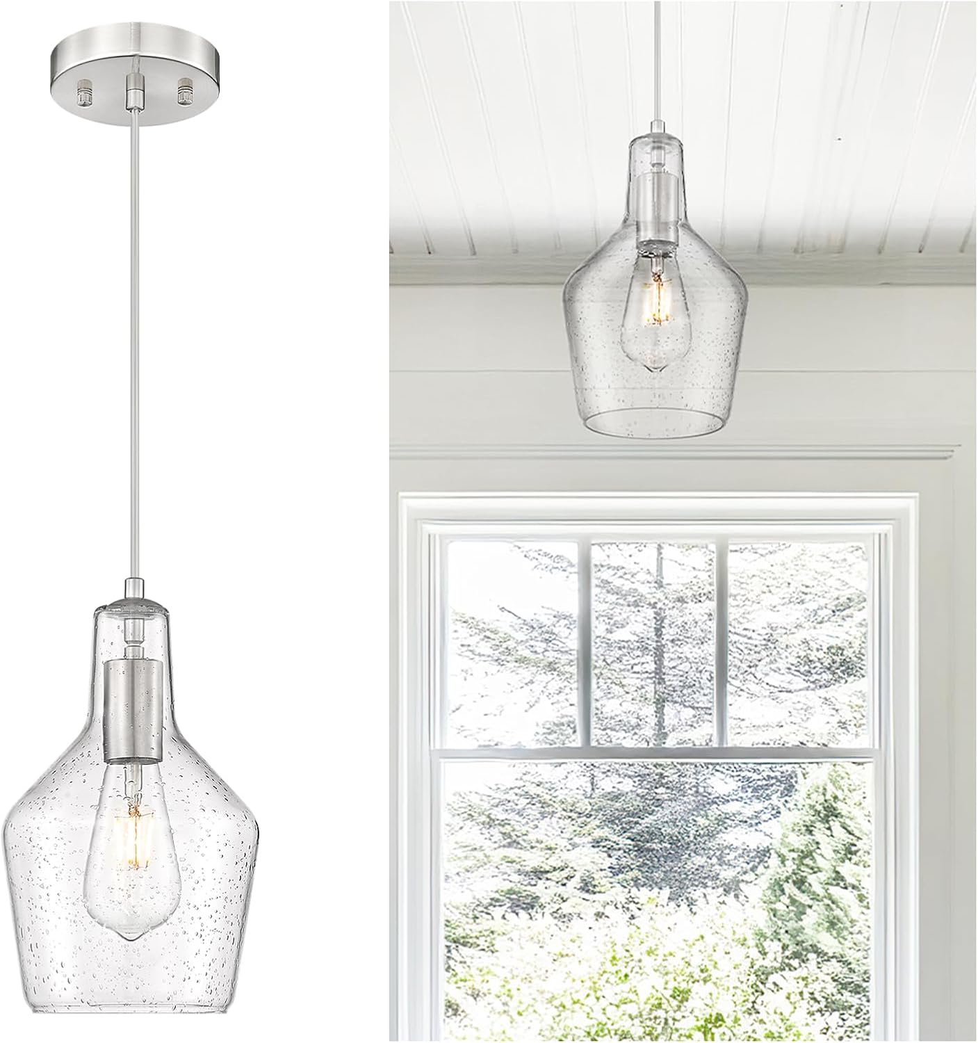 Emliviar 1-Light Modern Hanging Ceiling Light, Brushed Nickel Finish Kitchen Light Fixture, Adjustable Pendant Lighting with Seeded Glass Shade, DYE286G2-MIL BN