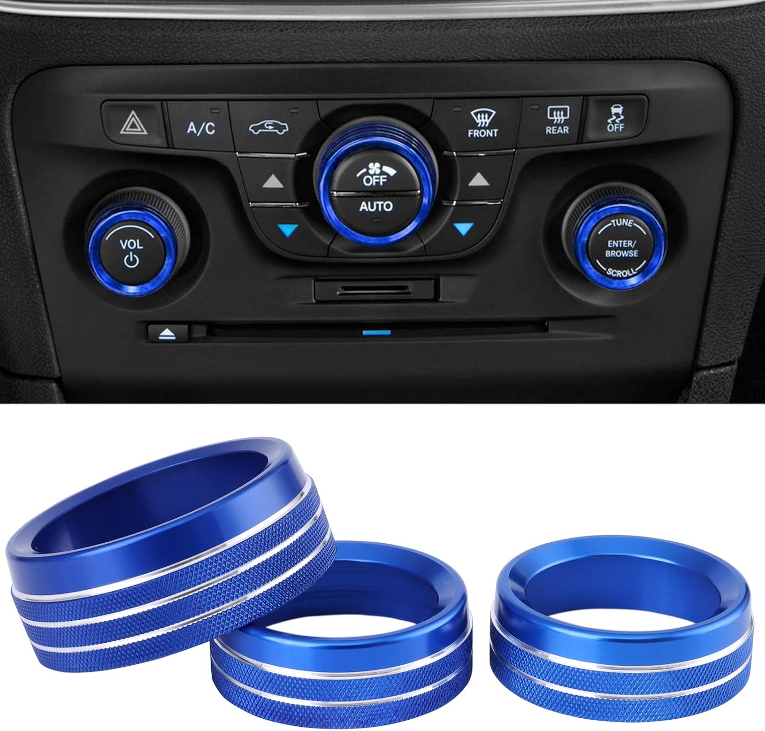 Air Conditioner Switch CD Button Knob Cover Auto Interior Accessories Aluminum Alloy Decal Trim Rings Fit for 2015-2020 Dodge Challenger Charger Chrysler 300 300s for 2013-2018 Ram (Blue)