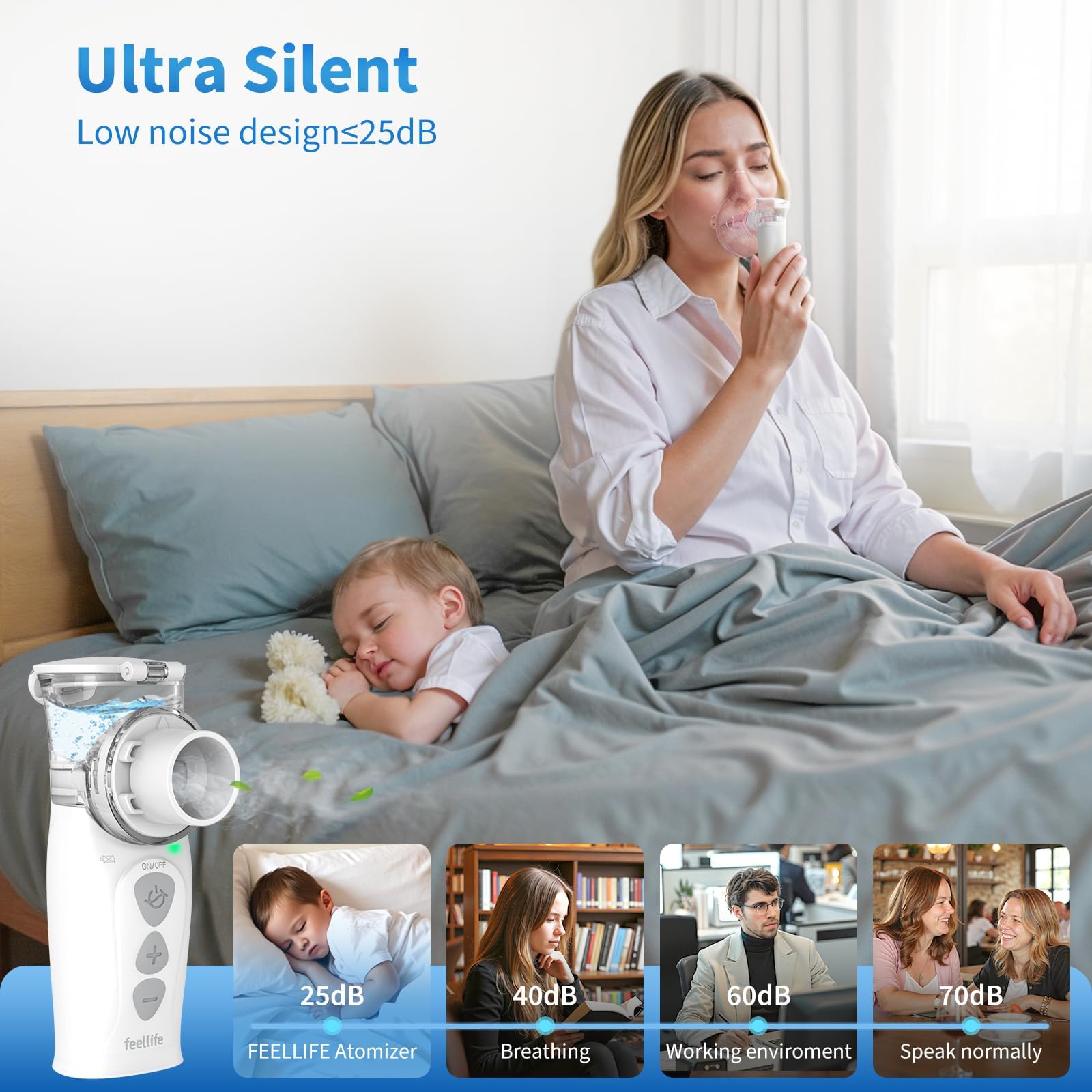 FEELLIFE Aerosol Portatile Silenzioso Typc-C Ricaricabile, Aerosol per Adulti e Bambini Velocità di Nebulizzazione Regolabile Meno Residui, Aerosol per Alleviare Tosse, Rinite e Sintomi Respiratori