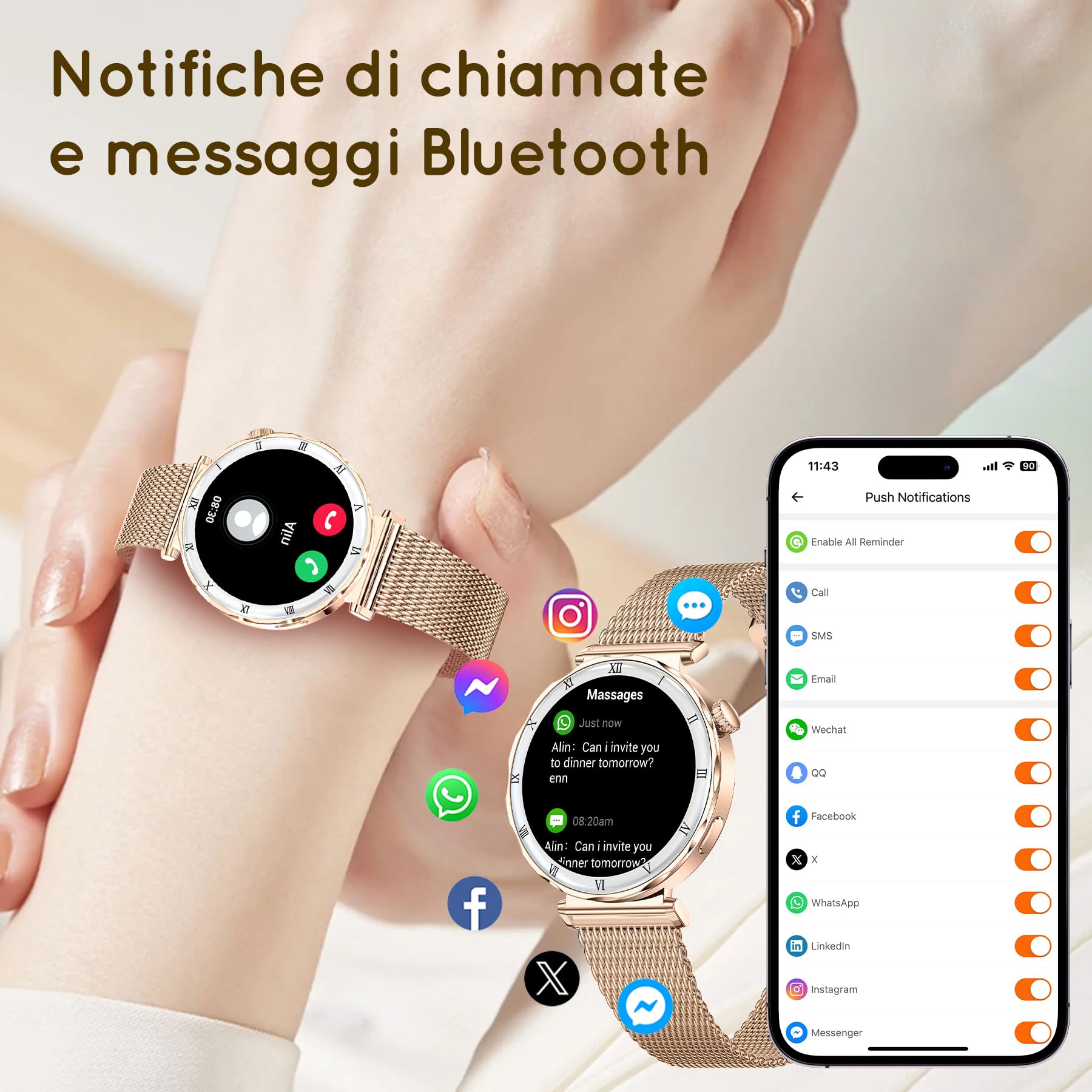Smartwatch Donna 1,19" AMOLED Orologio con Chiamate Bluetooth, Smart Watch Rotondo con Monitoraggio Sonno/SpO2/FC,120+ Modalità Sportive, Pedometer, IP68 Android/iOS, 3 Cinturini (Oro rosa)