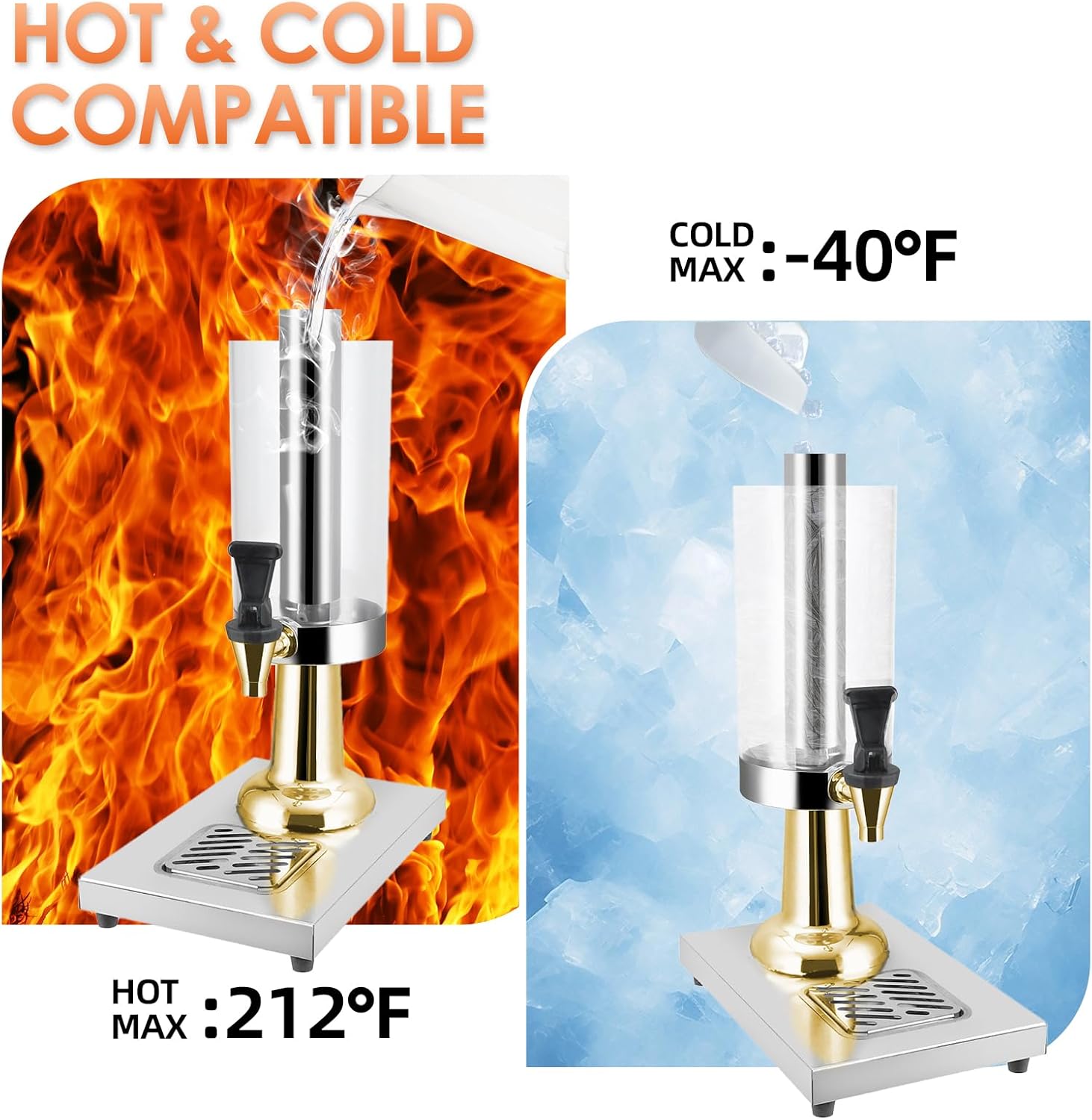 Hot and Cold Beverage Dispenser with Stand, 0.79 Gallon All-in-One Commercial Drink Dispenser with Ice Core&Stainless Steel Drip Trays for Parties, Beer Bar, Coffee (1 HEAD-0.79 GAL, GOLD)