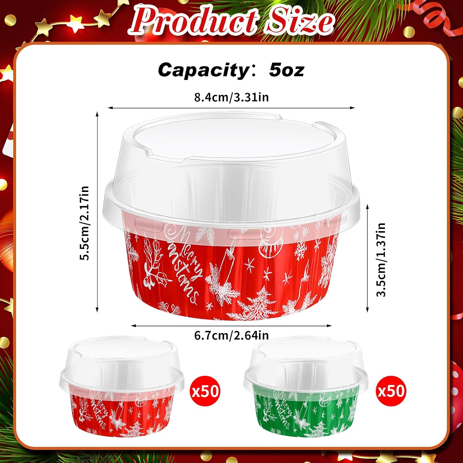 100 Pcs Christmas Foil Baking Cups with Lids, 5oz Disposable, Classic