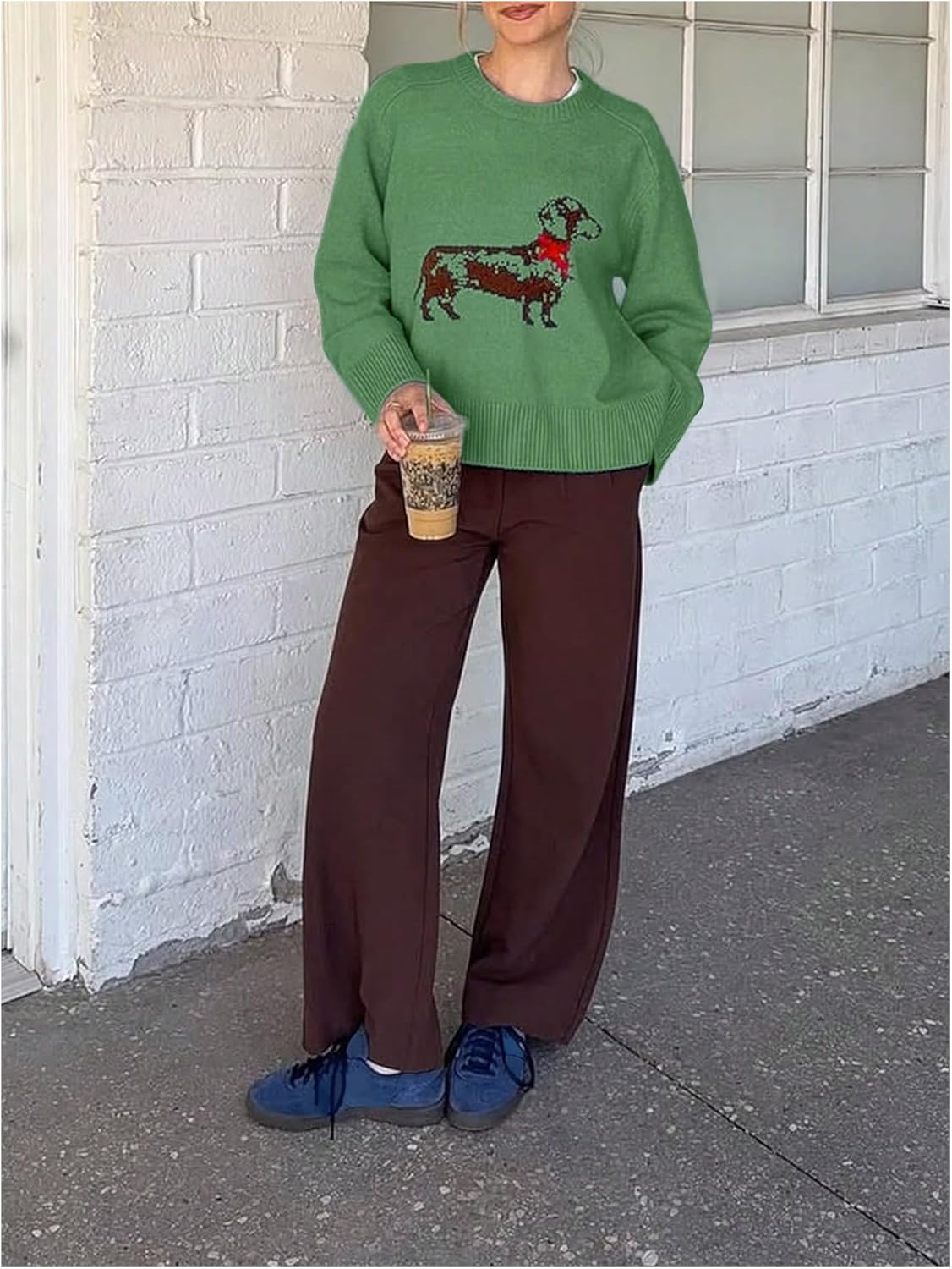 SweatyRocks Women's Cute Dog Graphic Long Sleeve Sweater Casual Crew Neck Loose Knit Pullover Tops - Image 2