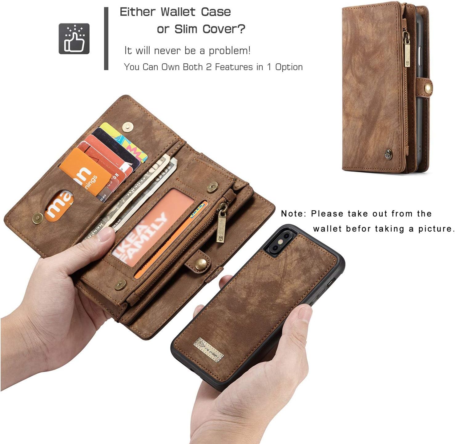Zttopo iPhone Xs Max Wallet Case 2 in 1 Leather Zipper Detachable Magnetic 11 Card Slots Card Slots Money Pocket Clutch Cover with Screen Protector for 6.5 Inch iPhone Case -Brown