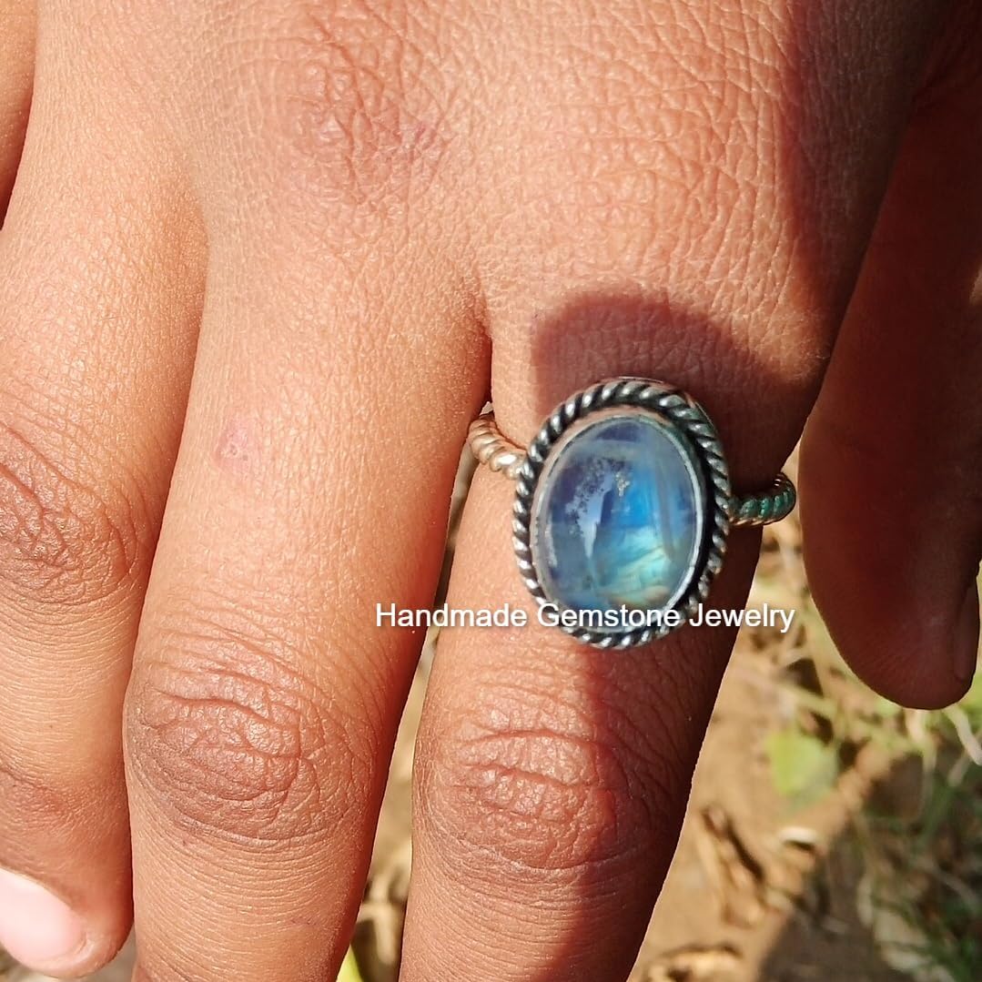925 Sterling Silver Rainbow Moonstone Ring - Twisted Oval Band June Birthstone, Blue Flash Healing Crystal Wedding Engagement Boho Designer Jewelry, Natural Stone Statement fashion for Women