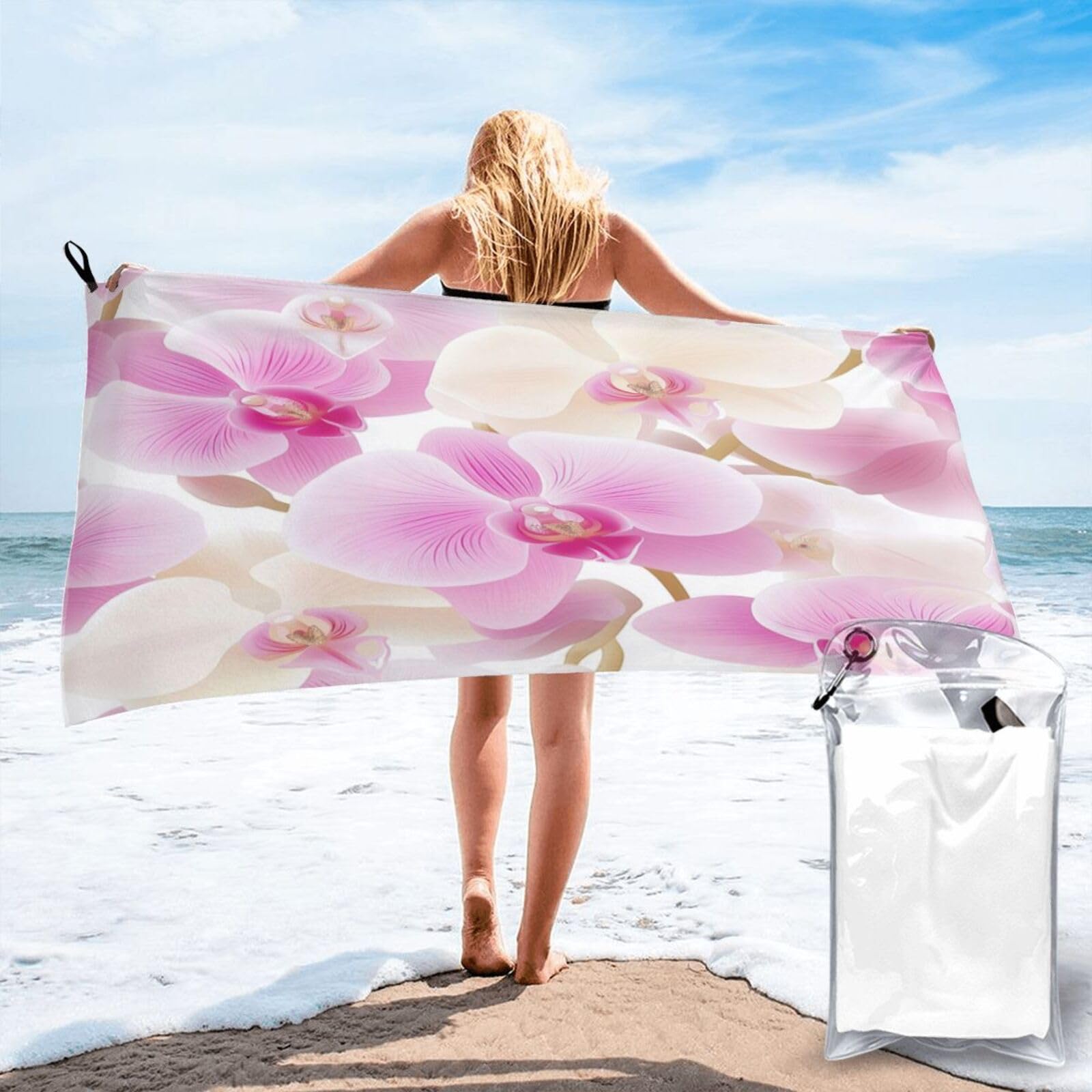 Anceky Digital Pattern of Pink Orchids Quick Dry Microfiber Travel Towel with Carry Case and Carabiner 27.5"X55"