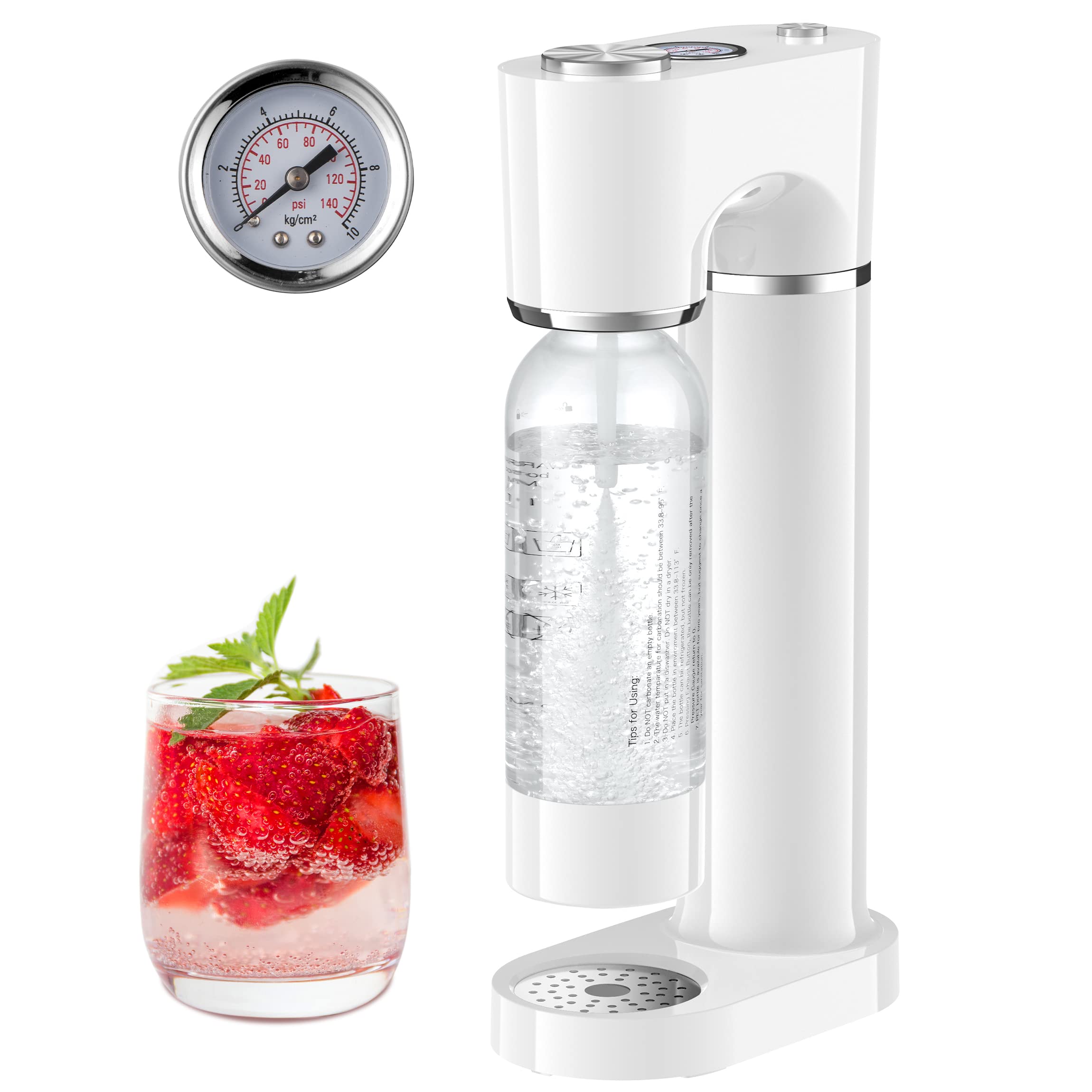 Photo 1 of DyBaxa Sparkling Water Machine with Customized Carbonation, Cordless Soda Water with Pressure Gauge, Quick Fizz, 1L Sustainable Bottle, Compatible 60L CO2 Exchange Cylinder(NOT Include) Kitchen Office White with Pressure Gauge