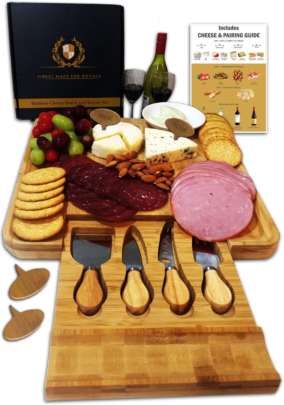 Creative Product Radiant Royals Cheese Board Set, Charcuterie Board, Cheese Cutting Plate, Bamboo Serving Tray with Cutlery Knives in Drawer, Big Meat Cracker Wood Platter Plate PLUS Large Space, Magnetic Safety Lock