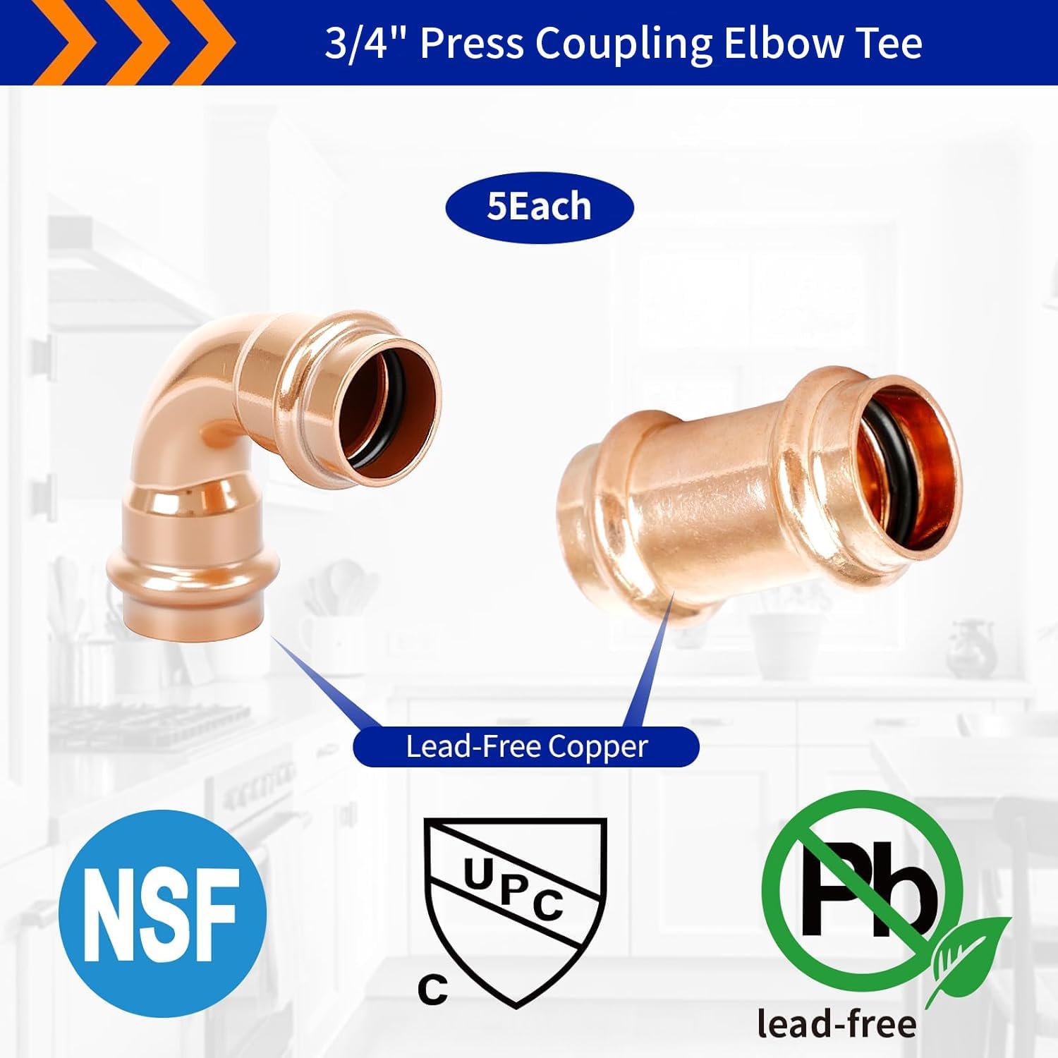 (Znkiok) 3/4" Press Fittings,5Pcs 3/4" Press Coupling No Stop And 5Pcs 3/4" Press 90 Degree Long Radius Elbow For Copper Tube Connection,Zero Lead,UPC,NSF/ANSI61.