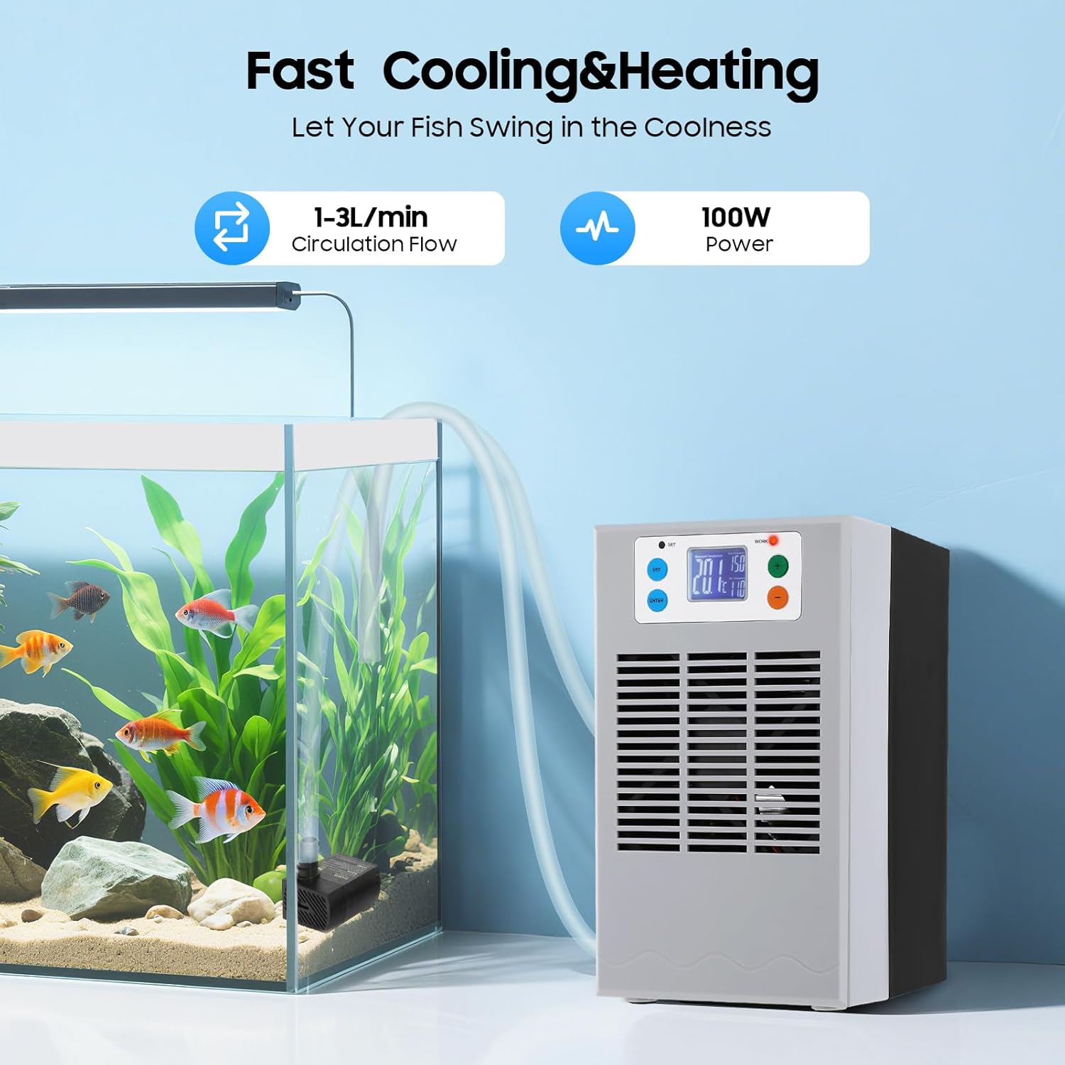 100W Aquarium Chiller 30L/7.93GAL Water Chiller,Aquarium Water Chiller with Circulation Function Constant Temperature and Low Noise, for Hydroponics Water Weeds Jellyfish Coral Crystal Shrimp