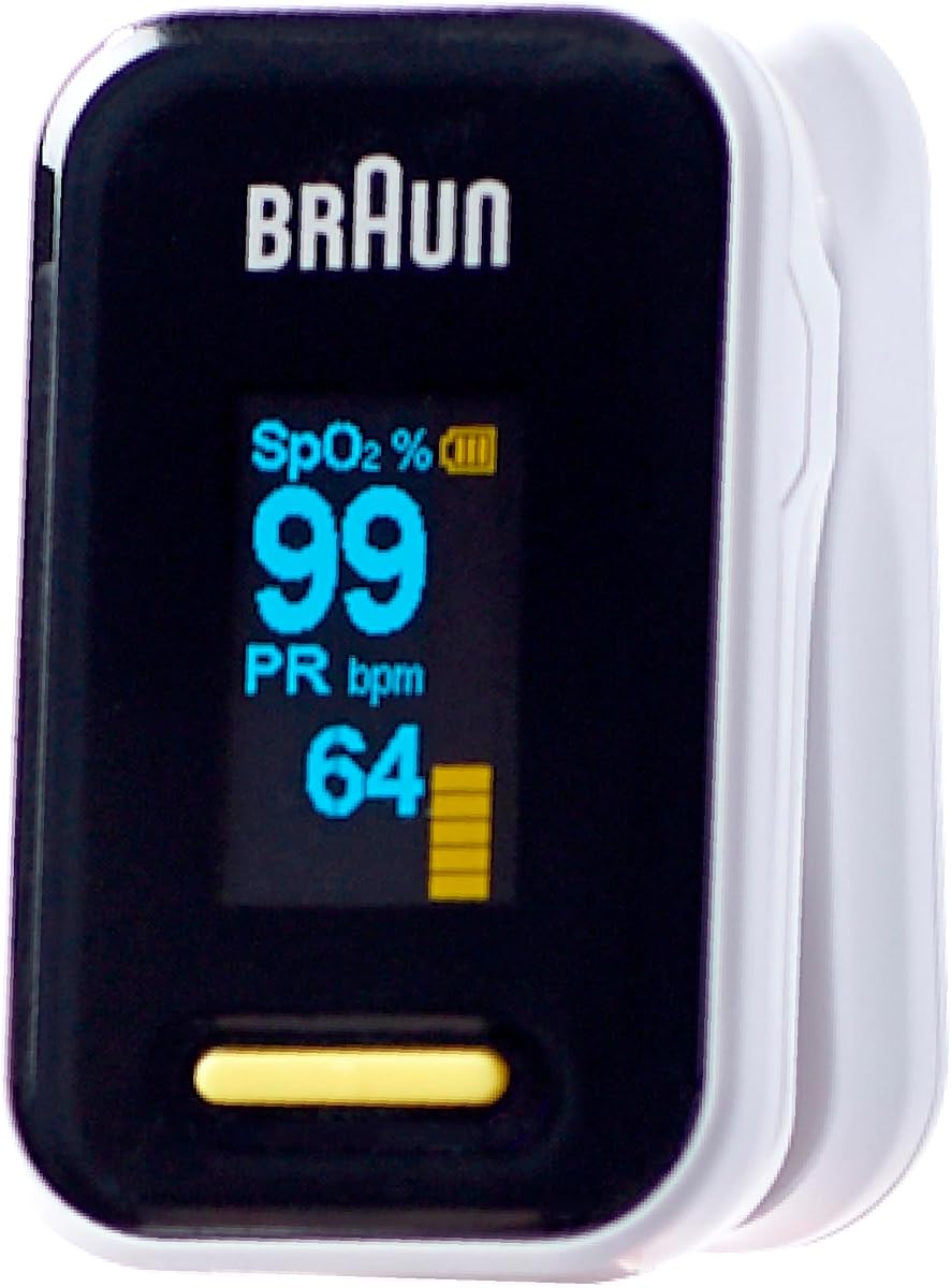 Braun Fingertip Pulse Oximeter, Clinically Validated, Ages 12+ | Blood oxygen saturation monitoring, backlit OLED display, includes lanyard & 2 AAA batteries, 1-year warranty