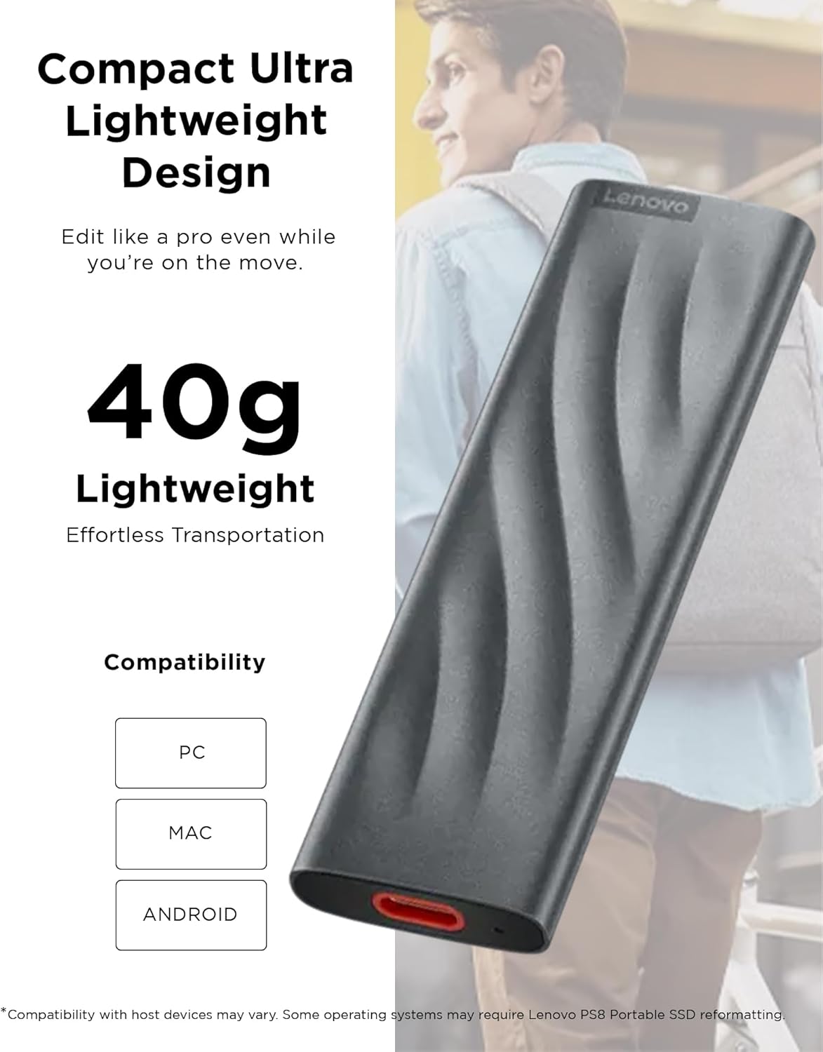 Lenovo PS8 Portable SSD highlighting its lightweight design and compatibility